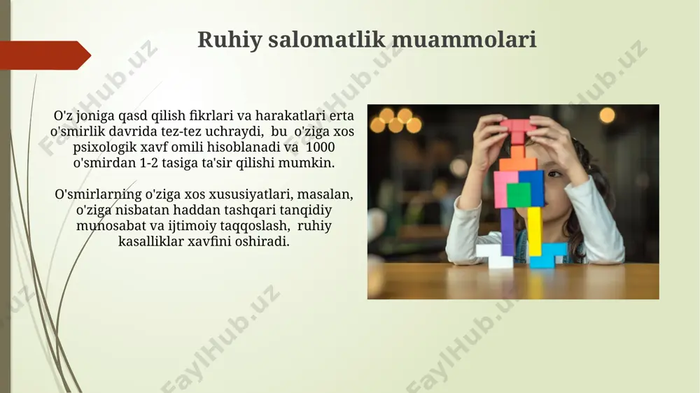 g shakllanishi, o'z tanasiga nisbatan munosabatni, jinsiy munosabatlar haqidagi tushunchalarni va ijtimoiy me'yorlarni o'z ichiga oladi, bu davrda o'smirlarning 30-40% i o'zlarini jinsiy jihatdan voyaga yetgan deb hisoblashadi. erta o'smirlik davrida jinsiy etuklikka erishish jarayoni taxminan 10-14 yosh oralig'ida boshlanib, gormonal o'zgarishlar, ikkilamchi jinsiy belgilarning paydo bo'lishi bilan tavsiflanadi. shaxsiyatning shakllanishi o'z-o'zini anglash jarayoni (self-concept) faol rivojlanadi, bu davrda o'smirlar o'z kuchli va zaif tomonlarini aniqlashga, o'ziga nisbatan real baho berishga harakat qiladilar, bu esa o'ziga ishonch darajasiga ta'sir qiladi. o'smirlarning 70% gacha qismi o'zining noyobligi va individualligini ta'kidlashga intiladi, bu esa eksperimentlar, yangi rol va obrazlarni sinab ko'rish orqali namoyon bo'ladi. o'zlikni anglash va o'ziga ishonch o'z qobiliyatlariga ishonchsizlik va o'ziga nisbatan haddan tashqari tanqid 40% ga yaqin o'smirlarda kuzatiladi, bu esa depressiya va xavotirga olib kelishi mumkin. erta o'smirlik davrida o'zlikni anglash 20% ga o'zgaradi, bu davrda identifikatsiya jarayoni faol bo'lib, o'ziga xos xususiyatlarni qidirish kuchayadi. ta'lim va …