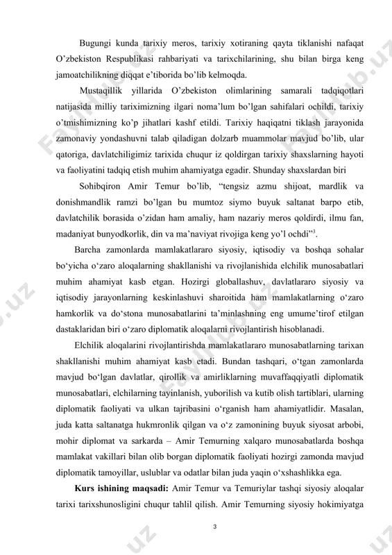 emur tomonidan yuritilgan oqilona ichki va tashqi siyosat hamda davlatlararo hamkorlik aloqalari. amir temur tashqi siyosatining o'ziga xos xususiyatlari va bugungi kundagi ahamiyati. kurs ishningi predmeti: amir temur va temuriylar tashqi siyosiy aloqalar tarixi tarixshunosligi doir yozma va moddiy manbalar. kurs ishining vazifalari quyidagilardan iborat: 1. amir temurning siyosiy faoliyati tarixshunosligi uning mohiyatini o’rganish 2. amir temur va temuriylar tashqi siyosiy aloqalar tarixi tarixshunosligini o`rganish 3. amir temur tashqi siyosatining o'ziga xos xususiyatlari va bugungi kundagi ahamiyati kurs ishining metodlari. mavzuga oid pedagogik, psixologik, metodik adabiyotlarni o‘rganib tahlil qilish, suhbat, kuzatish, anketa- so‘rovnomalar, ilg’or o‘qituvchilarning ish tajribalarini o‘rganish, pedagogik tajriba, taqqoslash. kurs ishi tuzilishi: bajarilgan kurs ishi kirish qismi, ikkita bobdan va qilingan xulosalardan iborat. ishda o‘rganilishi e’tiborga olingan ma’lumotlar tushunarli ravishda ifodalash uchun chizma jadvallar va rasmlar berildi. i bob. amir temurning siyosiy faoliyati tarixshunosligi 1.1. amir temurning siyosiy hokimiyatga kelishigacha bo‘lgan davrdagi faoliyatining o‘rganilishi amir temurning siyosiy faoliyati …