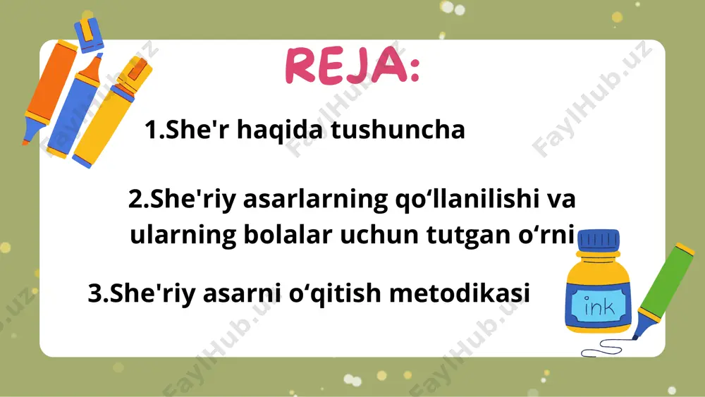 shuntirish berilmaydi. she’r o‘quvchilarga qanday ta’sir qilganini hisobga olish, bilish zarur. b lirik she’rni ham o‘quvchilar hayajon bilan yaxlit idrok etishlariga erishish muhimasal shuning uchun she’r birinchi marta o‘qilganda, hech qanday tushuntirish berilmaydi. she’r o‘quvchilarga qanday ta’sir qilganini hisobga olish, bilish zarur. o‘qituvchi she’rni shunday ifodali o‘qishi kerakki, bolalar uning asosiy mazmunini anglasinlar, ularga jonli so‘z kuchliroq ta’sir etsin. a so‘ngra she’rni mustaqil o‘qish topshiriladi. o‘qish oddiy bo‘lishi kerak. o‘qiyotganda tabiiy zavq- shavq, shodlik, xursandlik, qahr-g‘azab hissini qichqiriq ovoz bilan soxta ifodalashga yo‘l qo‘ymaslik zarur. bolalar she’rni o‘qiganda, she’riy satrga rioya qilishlari kerak, bu jarayonda ularning she’r ritmini buzmasliklariga erishish kerak. a b she’r matni ham savollar asosida tahlil qilinadi. ammo, she’r mazmuni haqida o‘quvchilarga ko‘p savol berish tavsiya etilmaydi. o‘quvchilar she’rning asosiy mazmunini tushunganliklariga ishonch hosil qilishning o‘zi kifoya. shuni ham aytish kerakki, bolalar hayoti, ularning o‘ziga xos fikrlari, his-tuyg‘ulari, qiziqishlarini ifodalovchi, shuningdek, zamonamiz qahramonlari, o‘zbek xalqi, vatan himoyasi, …