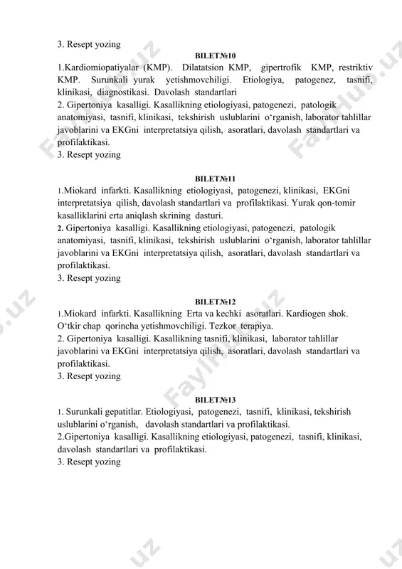 si, patogenezi, klinikasi, ekgni interpretatsiya qilish, davolash standartlari va profilaktikasi. yurak qon-tomir kasalliklarini erta aniqlash skrining dasturi. 2. gipertoniya kasalligi. kasallikning etiologiyasi, patogenezi, patologik anatomiyasi, tasnifi, klinikasi, tekshirish uslublarini o‘rganish, laborator tahlillar javoblarini va ekgni interpretatsiya qilish, asoratlari, davolash standartlari va profilaktikasi. 3. resept yozing bilet№12 1.miokard infarkti. kasallikning erta va kechki asoratlari. kardiogen shok. o‘tkir chap qorincha yetishmovchiligi. tezkor terapiya. 2. gipertoniya kasalligi. kasallikning tasnifi, klinikasi, laborator tahlillar javoblarini va ekgni interpretatsiya qilish, asoratlari, davolash standartlari va profilaktikasi. 3. resept yozing bilet№13 1. surunkali gepatitlar. etiologiyasi, patogenezi, tasnifi, klinikasi, tekshirish uslublarini o‘rganish, davolash standartlari va profilaktikasi. 2.gipertoniya kasalligi. kasallikning etiologiyasi, patogenezi, tasnifi, klinikasi, davolash standartlari va profilaktikasi. 3. resept yozing bilet№14 1. jigar sirrozi. kasallikning klinikasi, laborator tahlillar javoblarini va инструментал текширувлар натижаларини interpretatsiya qilish, davolash standartlari va profilaktikasi. 2. yurak blokadalari. etiologiyasi, patogenezi, tasnifi, klinikasi, tekshirish uslublarini o‘rganish, ekg taxlili, davolash standartlari. 3. resept yozing bilet№15 1. oshqozon …