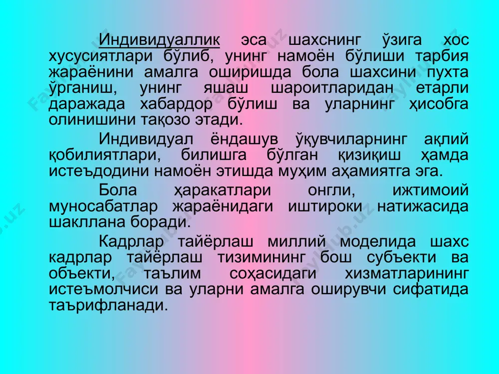 клик даври – чақалоқлик (1 ой) даври тугагандан то бир ёшгача бўлган давр боғчагача бўлган ёш даври – 1 ёшдан 3 ёшгача. мактабгача таълим ёши – 3 ёшдан 7 ёшгача кичик мактаб ёшидаги ўқувчилар –7-11-12 ёшгача. ўрта мактаб ёшидаги ўқувчилар (ўсмирлар) 14-15 ёш. катта ёшдаги мактаб ўқувчилари (ўспиринлар) – 16-18 ёш болалар қизиқишини қаноатлантирувчи қизиқарли учрашув, сайр ва томоша ва экскурсияларни ташкил этиш зарур. мазкур ёш даври ўқувчиларига эмоционаллик хос, уларнинг фикрлаши образли бўлади, ҳис-туйғулари мазмуни ўзгаради. улар одамлар билан алоқа қилишга қизиқадилар. ўрта мактаб ёши (ўсмирлик 12-15 ёш). ўсмирликнинг мураккаблиги анотомик-физиологик ва психологик хусусиятдаги кучли ўзгаришлар билан боғлиқдир. боланинг ўсиши тезлашади. бу даврни ўтиш даври ҳам дейилади. бу даврда жинсий етилиш даври бошланади. бу боланинг феъл-атворига таъсир этади. ўсмир ҳаётида меҳнат, ўйин, спорт ва жамоат ишлари катта рол ўйнайди. баъзиларининг ўзлаштириши пасаяди, интизоми бўшашади. ҳозирги давр ўсмирларининг руҳиятида қуйидаги ҳолатлар кўзга ташланади интеллектуал ривожланиш – тафаккур қобилияти, ақлий фаолиятни …