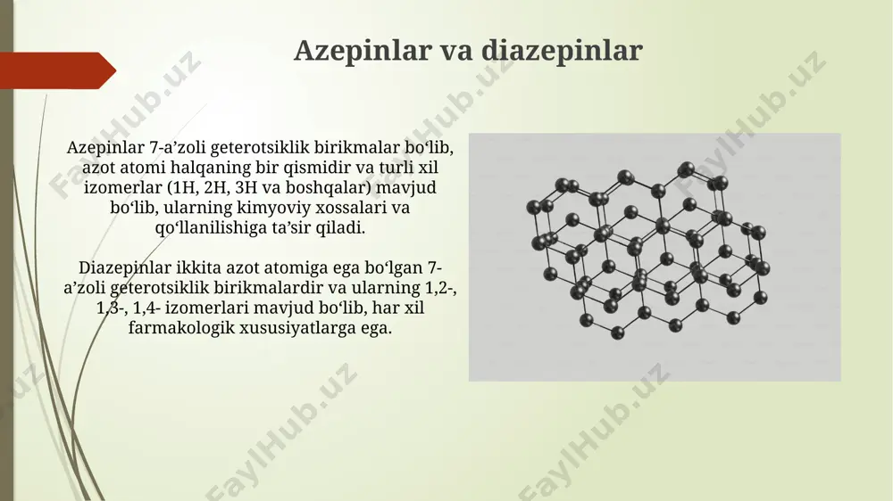 ki sulfatlash, 7-a’zoli geterotsikllar uchun 2- va 4- holatlarda ustunlik qiladi, bu aromatik xalqaning elektron zichligi taqsimoti bilan bog’liq. nukleofil almashinish reaksiyalari, ayniqsa, geteroatom 1-holatda bo’lganida kuzatiladi, bu reaksiya tezligini 10-100 marta oshiradi va reaksiyaning yo’nalishini o’zgartiradi. xulosa xulozaning bir nechta izomerlari mavjud bo'lib, ularning fizik-kimyoviy xossalari o'zaro farq qiladi va bu farqlar asosan kislorod atomining xalqadagi holati bilan belgilanadi. xuloza tarkibida 2 ta sp²-gibridlangan uglerod atomi mavjud bo'lib, ular aromatik xalqaning bir qismidir va bog'lanish burchaklari taxminan 120° ni tashkil etadi. benzo[b]azepinlar benzo[b]azepinlar 7 a'zoli geterotsiklik birikmalar bo'lib, ularning molekulasi benzol halqasiga birikkan 7 a'zoli azotli geterotsikldan iborat. ushbu birikmalar 1h- va 2h- izomerlari shaklida mavjud bo'lib, ularning kimyoviy xossalari va biologik faolliklari farq qilishi mumkin. e'tiboringiz uchun rahmat @taqdimot_robot image1.jpg image2.jpg image3.jpg image4.jpg image5.jpg image6.jpg image7.jpg image8.jpg image9.jpg image10.jpg image11.jpg image12.jpg image13.jpg image14.jpg image15.jpg image16.jpg image17.jpg