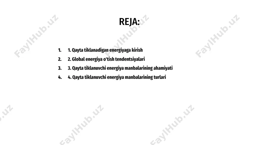 erishish uchun juda muhimdir. 3. qayta tiklanuvchi energiya manbalarining ahamiyati qayta tiklanadigan energiya manbalariga o'tish barqaror kelajak uchun juda muhimdir. quyosh va shamol energiyasi kabi qayta tiklanadigan manbalar qazib olinadigan yoqilg'iga toza muqobillarni taklif qiladi, uglerod chiqindilarini kamaytiradi va iqlim o'zgarishiga qarshi kurashadi. qayta tiklanadigan energiya manbalarining ahamiyati ularning energiya kompleksimizni diversifikatsiya qilish va import qilinadigan qazib olinadigan yoqilg'ilarga qaramlikni kamaytirish orqali energetika mustaqilligini rag'batlantirish qobiliyatidadir. bu milliy xavfsizlikni mustahkamlash va toza energiya sohasida ish o'rinlarini yaratishi mumkin. bundan tashqari, qayta tiklanadigan energiya manbalarini qamrab olish uzoq muddatda energiya xarajatlarini kamaytirish va yashil texnologiya sanoatida innovatsiyalarni rag'batlantirish orqali iqtisodiy foyda keltirishi mumkin. qayta tiklanadigan energiya manbalariga sarmoya kiritish nafaqat ekologik talab, balki yashil kelajak uchun oqilona iqtisodiy tanlovdir. salavha qayta tiklanadigan energiya manbalariga o‘tish barqaror kelajak uchun juda muhimdir. qayta tiklanadigan energiya manbalarining to'rtta asosiy turi mavjud: quyosh, shamol, gidroenergetika va geotermal. 1 quyosh energiyasi elektr energiyasini ishlab chiqarish uchun …