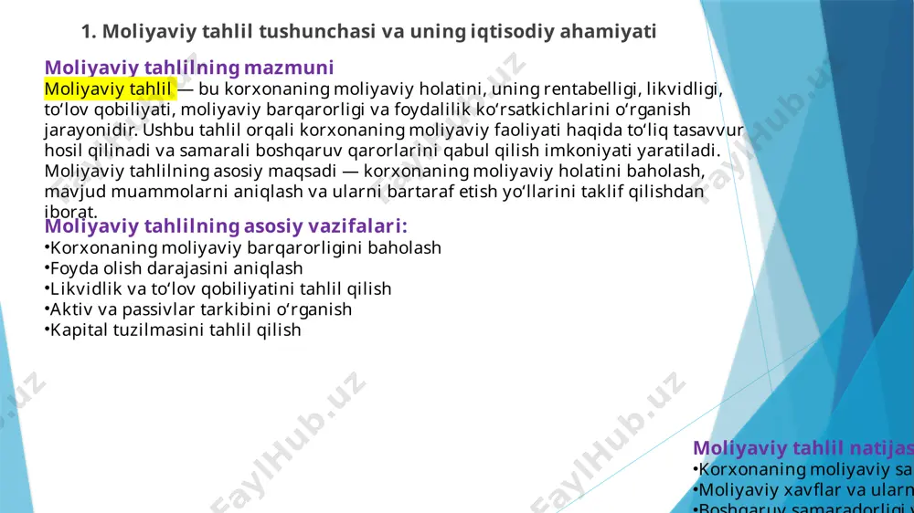 qiladi. 2. moliyaviy tahlilning shakllari moliyaviy tahlil turli yo‘llar bilan olib boriladi. uning shakllari korxonaning maqsadi, tahlil qilinayotgan ma’lumotlar hajmi va foydalanuvchilar ehtiyojiga qarab farqlanadi. quyida eng asosiy shakllari keltirilgan: 1. gorizontal tahlil (vaqt bo‘yicha solishtirma tahlil) bu shaklda moliyaviy ko‘rsatkichlar vaqt o‘tishi bilan qanday o‘zgarayotganini tahlil qilinadi. masalan, foyda, daromad yoki xarajatlar bir necha yil yoki choraklar davomida qanday o‘zgargani ko‘riladi. maqsadi: o‘sish yoki kamayish tendensiyalarini aniqlash. 2. vertikal tahlil (strukturaviy tahlil) bu shaklda moliyaviy hisobotlarning har bir elementi umumiy qiymatga nisbatan foizda ifodalanadi. masalan, balansda har bir aktiv yoki passiv umumiy aktivlarga nisbatan foizda ko‘rsatiladi. maqsadi: tarkibiy tuzilmani baholash, ya'ni qaysi elementlar eng katta ulushga ega ekanligini ko‘rish. 3. trend (dinamika) tahlili ko‘rsatkichlarning bir nechta davr mobaynida qanday o‘zgarishini ko‘rsatadi. bu shakl orqali korxonaning uzoq muddatli rivojlanish yo‘nalishlari va barqarorligi aniqlanadi. maqsadi: uzoq muddatli tendensiyalarni aniqlab, strategik qarorlar qabul qilish. 3. moliyaviy tahlilning xususiyatlari va qo‘llanilishi moliyaviy tahlilning …