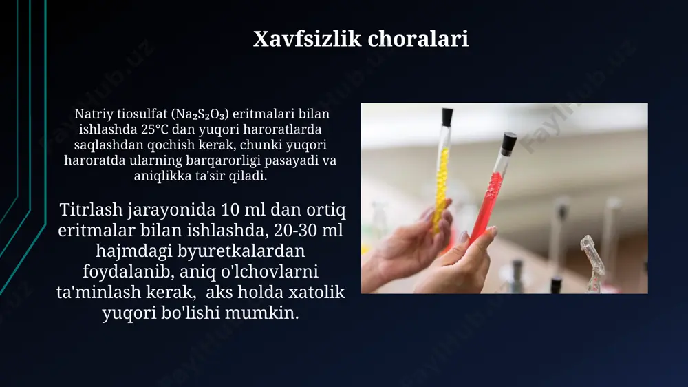 i bilan standartlashtiriladi, bu yerda 6 mol k₂cr₂o₇ 6 mol i₂ ni hosil qiladi, keyin esa 12 mol na₂s₂o₃ bilan reaksiyaga kirishadi. qo'shimcha ma'lumotlar na2s2o3 eritmasining titrini aniqlash uchun 0,01m k2cr2o7 standart eritmasidan 25 ml olinib, iodometrik titrlash usuli bilan aniqlanadi. titrlash jarayonida, 1% kraxmal indikatori eritmasidan 2-3 tomchi qo'shilishi reaksiya yakunlanish nuqtasini aniqroq belgilashga yordam beradi. k2cr2o7 ning aniq konsentratsiyasini aniqlash k₂cr₂o₇ ning aniq konsentratsiyasini aniqlash uchun 0,1 n eritmani tayyorlashda 4,903 g xlorid kislota (hcl) muhitida eritiladi va 1000 ml gacha suyultiriladi. keyinchalik, natriy tiosulfat (na₂s₂o₃) eritmasi bilan iodometrik titrlash orqali aniqlanadi. k₂cr₂o₇ ning titrlashda ishlatiladigan aniq konsentratsiyasi, standartlashtirish jarayonida 0,1 n kaliy yodid (ki) eritmasi bilan reaksiyaga kirishib, ajralib chiqqan yod miqdorini natriy tiosulfat (na₂s₂o₃) bilan titrlash orqali aniqlanadi. e'tiboringiz uchun rahmat @taqdimot_robot image1.jpg image2.jpg image3.jpg image4.jpg image5.jpg image6.jpg image7.jpg image8.jpg image9.jpg image10.jpg image11.jpg image12.jpg image13.jpg image14.jpg image15.jpg image16.jpg image17.jpg