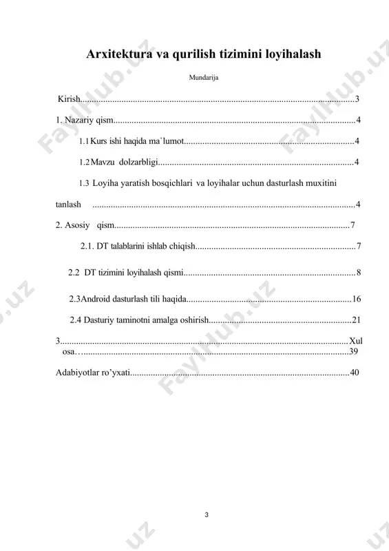 hlar bir-birini takrorlamaydi natija esa xar-xil. ma’lumotlar shunchalik ko’pki buni bir tizimga keltirib olish lozim. elektron ma’lumotlar bazasini yaratish, uning ustida ishlash, ular ustida amallar bajarish murakkablashib bormoqda. yurtimizda bu borada rivojlanish tendensiyasi anchayin kuzga tashlanib bormoqda. masalan www.gov.uz elektran davlat xizmatlari kursatish sayti yaratildi, bundagi ma’lumotlarni bir tizimga keltirish yoki bitta ma’lumotdan bir necha foydalanuvchi bir vaqtda foydalana olishi lozim. 1. nazariy qisim. 1.1 kurs ishi haqida ma`lumot. bu loyiha asosan uy qurilish arxitekturalari haqida ma`lumot beradi. loyiha obyektlari quyidagilar: kategoriyalar, ishlab chiqaruvchilar, hudud/mamlakat, arxitektorlar,yil, material, maydon, rang. bu loyiham orqali bino inshootlari qurilishi haqida malumot berib boriladi. bunda tanlash yo`li orqali ko`plab arxitekturaga oid ko`plab proyektlarni ko`rishimiz mumkin . unda qurilgan binoning ichki tashqi qurilishi, qayerda qurilganligi, maydoni, arxitektura turi, arxitektorlar haqida ma`lumot olishingiz mumkin. yana loyihada projektlar, mahsulotlar, jildlar, yangiliklar kabi bo`limlar bo`lib ularda shu bo`limlarga taalluqli ma`lumotlar berib boriladi. 1.2 mavzu dolzarbligi arxitektura va qurilish tizimini …
