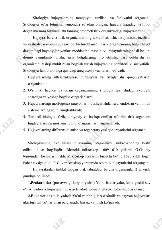 otlar (tо‘la yadroli ya’ni zambrug‘lar) о‘simlik va hayvon hujayralari ular turli xil yо‘llar bilan oziqlanadi. jinssiz va jinsli kо‘payadi. hujayralarning tarkibiy qismlari va ularning vazifalari. membrana. hujayra qobig‘i hujayraning tashqi muhit bilan va boshqa hujayralar bilan о‘zaro munosabatlarini ta’minlaydi va shunga kо‘ra 3 xil asosiy vazifani bajaradi. 1) himoya tо‘siq, 2) moddalarni о‘tkazish, 3) retseptor. hujayra qobig‘ining asosiy qismini plazmatik membrana-plazmolemma tashkil etadi. hayvon hujayralarining qobig‘i juda yupqa va elastik bо‘ladi. uni faqat elektron mikroskopdagina kо‘rish mumkin. о‘simlik hujayralarining qobig‘i hayvon hujayralarinikidan farq qilib qalin bо‘ladi. uning tarkibida sellyuloza moddasi kо‘p, shuning uchun ham о‘simlik qobig‘ining asosiy funksiyalaridan tayanch funksiyasi hisoblanadi. sitoplazma. hujayraning asosiy massasi uning ichki muhiti hisoblanadi. sitoplazma hujayraning hamma tarkibiy qismlarini bir-birlari bilan bog‘lab ular orasidagi aloqalarning amalga oshishida muhim rol о‘ynaydi. sitoplazma tashqaridan plazmatik membrana, ichkaridan esa yadro qobig‘i bilan chegaralanadi. sitoplazmaning tarkibiy qismlariga shaloplazma, organoidlar va kiritmalar kiradi. gialoplazma sitoplazmaning asosiy rangsiz shaloplazmaning tarkibida oqsillar …