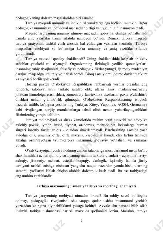 da maqsadga muvofiq amalga oshirilishi zarur. tarbiya - muayyan, aniq maqsad hamda ijtimoiy-tarixiy tajriba asosida yosh avlodni har tomonlama o‘stirish, uning ongi, xulq-atvori va dunyoqarashini tarkib toptirish jarayonidir. turli zamon va makonda ijtimoiy tarbiya mohiyatan turlicha ifodalab kelingan bo‘lib, uning mazmuni ijtimoiy maqsadlardan kelib chiqib asoslangan. tarbiya maqsadi - ijtimoiy buyurtma asosida belgilanadi. eng oddiy harakatdan tortib to keng ko‘lamli davlat dasturi asosida tashkil etiluvchi tarbiya doimo muayyan maqsadga yo‘naltirilgan bo‘ladi. maqsadsiz, ma’lum g‘oyani ifoda etmaydigan tarbiya bo‘lmaydi. tarbiya maqsadi asosida uning mazmuni asoslanib, maqsadni amalga oshirishga xizmat qiluvchi metod va usullar aniqlanadi. tarbiya maqsadining muammosi pedagogikaning dolzarb masalalaridan biri sanaladi. tarbiya maqsadi umumiy va individual xarakterga ega bo‘lishi mumkin. ilg‘or pedagogika umumiy va individual maqsadlar birligi va uyg‘unligini namoyon etadi. maqsad tarbiyaning umumiy ijtimoiy maqsadni ijobiy hal etishga yo‘naltiriladi hamda aniq vazifalar tizimi sifatida namoyon bo‘ladi. demak, tarbiya maqsadi tarbiya jarayonini tashkil etish asosida hal etiladigan vazifalar tizimidir. tarbiya …