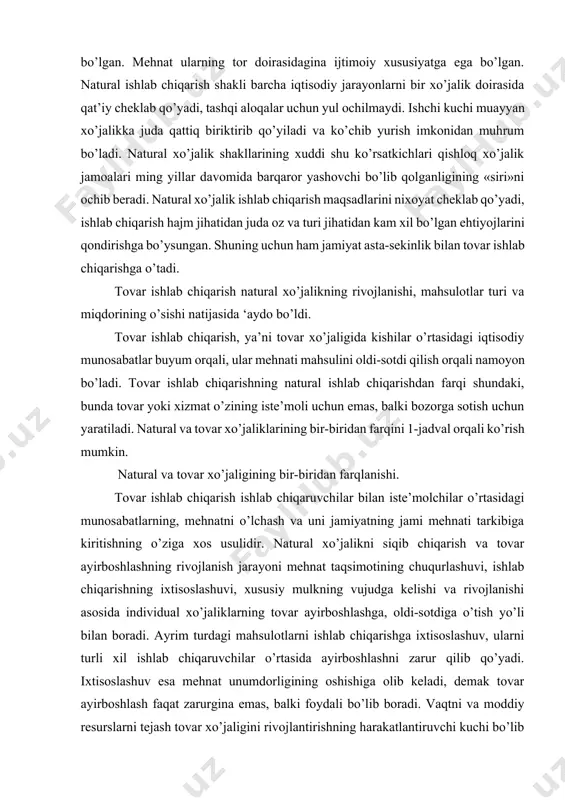 idagi munosabatlarning, mehnatni o’lchash va uni jamiyatning jami mehnati tarkibiga kiritishning o’ziga xos usulidir. natural xo’jalikni siqib chiqarish va tovar ayirboshlashning rivojlanish jarayoni mehnat taqsimotining chuqurlashuvi, ishlab chiqarishning ixtisoslashuvi, xususiy mulkning vujudga kelishi va rivojlanishi asosida individual xo’jaliklarning tovar ayirboshlashga, oldi-sotdiga o’tish yo’li bilan boradi. ayrim turdagi mahsulotlarni ishlab chiqarishga ixtisoslashuv, ularni turli xil ishlab chiqaruvchilar o’rtasida ayirboshlashni zarur qilib qo’yadi. ixtisoslashuv esa mehnat unumdorligining oshishiga olib keladi, demak tovar ayirboshlash faqat zarurgina emas, balki foydali bo’lib boradi. vaqtni va moddiy resurslarni tejash tovar xo’jaligini rivojlantirishning harakatlantiruvchi kuchi bo’lib chiqadi. ayirboshlash jarayoniga tortiladigan ishlab chiqaruvchilar bir-biriga tobora ko’’roq bog’liq bo’lib qola boshlaydi. dastlabki davrlarda tovar xo’jaliklari jamoalar, quldor latifundiyalari, feodal va dehqon xo’jaliklari o’rtasida aloqalar o’rnatilishiga yordam berib, ishlab chiqarishning va umuman jamiyatning rivojlanishi uchun qo’shimcha imkoniyatlar ochgan. ma’lum tarixiy davrlarga kelib tovar munosabatlari jamiyat iqtisodiyotining barcha tomonlarini keng va chuqur qamrab oladi. tovar xo’jaligining va umuman ayirboshlash vujudga kelishi …