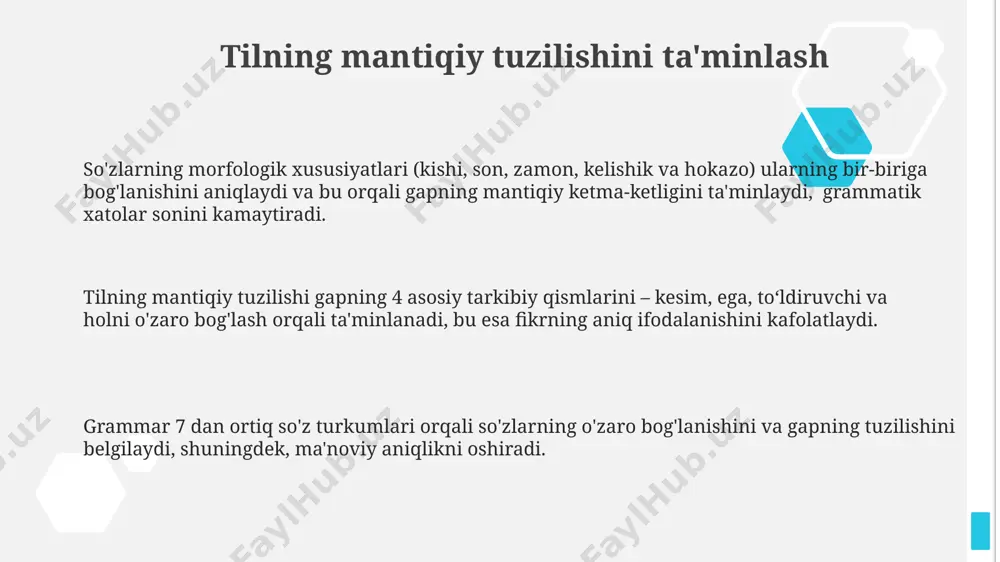 muhim, chunki u gapning predikatini tashkil etib, boshqa so'zlar bilan munosabatlarni belgilaydi; masalan, to'ldiruvchi, aniqlovchi va hokazo. gap tuzilishida so'zlarning o'zaro bog'lanishini 4 ta asosiy usul – kelishik, boshqaruv, bog'lovchi va ulash vositalari orqali amalga oshiriladi, bu esa 7 ta asosiy gap bo'lagi tizimini shakllantiradi. murakkab gaplarda 2 yoki undan ortiq sodda gaplarni bog'lovchi vositalar (biriktiruvchi, qarama-qarshi qo'shimchalar, ittifoqlar) orqali bog'lash va ularning o'rtasidagi semantik munosabatlarni ifodalash grammatikaning asosiy vazifasidir. e'tiboringiz uchun rahmat @taqdimot_robot