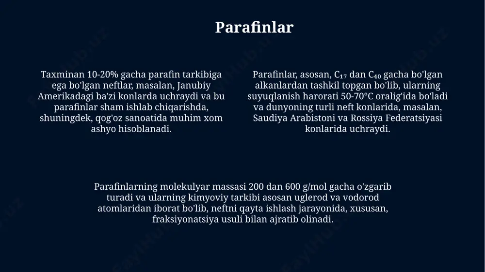 ngugurt atomlari ajralib chiqadi va bu jarayon qimmatbaho metallarni qayta ishlash zavodlarida, masalan, navoiy viloyatida keng qo‘llaniladi. uglevodorodlar dunyo miqyosida neft tarkibidagi uglevodorodlarning umumiy hajmi milliard kub metrlar bilan o'lchanadi; rossiya va saudiya arabistoni kabi yirik neft ishlab chiqaruvchi davlatlarda bu ko'rsatkich yuzlab milliard kub metrni tashkil etadi. uglevodorodlarning molekulyar massasi 16 dan 1000 amu gacha o'zgarib, uning tarkibida 1 dan 100 gacha uglerod atomlari bo'lishi mumkin. bu esa neftning fizik xossalariga, masalan, qaynash haroratiga sezilarli ta'sir ko'rsatadi. uglevodorodlarning asosiy tarkibiy qismlari, ya'ni alkanlar, alkenlar va alkinlarning nisbati turli neft konlarida, masalan, o'zbekistonning murod qishlog'i yaqinidagi konlarda 30-70% gacha farq qilishi mumkin. arenlar (aromatik uglevodorodlar) arenlarning qaynash harorati, tarkibidagi uglerod atomlarining soniga bog'liq holda 80°c dan 200°c gacha o'zgarib turadi va ularning ko'pchiligi farg'ona vodiysi neftlarida 15-20% ni tashkil etadi. arenlar, asosan 6 dan 12 gacha uglerod atomlariga ega bo'lgan aromatik uglevodorodlar aralashmasidan iborat bo'lib, o'zbekistonning murod tog'lari neft konlarida …