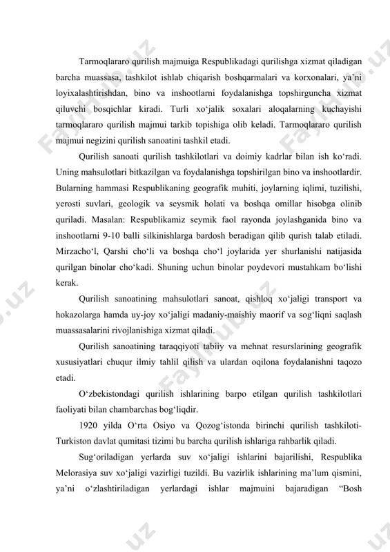 ladigan yerlarda suv xo‘jaligi ishlarini bajarilishi, respublika melorasiya suv xo‘jaligi vazirligi tuzildi. bu vazirlik ishlarining ma’lum qismini, ya’ni o‘zlashtiriladigan yerlardagi ishlar majmuini bajaradigan “bosh o‘rtaosirsavxozqurilish” ham tuzildi. poytaxtda sanoat madaniy- maishiy va uy-joy qurilishi bilan shug‘ullanadigan “boshtoshkentqurilish” ishlab turibdi. respublikadagi yirik yo‘l qurilishi ishlarini respublika shosse yo‘llari qurish va ishlatish vazirligi bajaradi. bulardan tashqari, respublikada qurilish ishlari bilan montaj va maxsus ishlar vazirligi ham shug‘ullanadi. poytaxtdagi “toshmetroqurilish” metropoliten yo‘llarni qurish bilan shug‘ullanadi. hozirgi zamon qurilish sanoatida yig‘ma temir-beton konstruksiyalar keng qo‘llanilmoqda. bularni ishlab chiqaradigan korxonalar o‘zbekistonning shaharlari va qishloq joylarida ham qurilgan. bino va inshootlarni yirik qismlarini tayyorlash kengayib bormoqda. respublikaning barcha shaharlari va ayrim rayonlaridagi uysozlik kombinatlari devor panellari, tom balkalari, tayyor znapoya va bino boshqa qismlarini ishlab chiqarmoqda. qurilishda mexanizasiya tobora keng qo‘llanilmoqda, ishlarning 93%ini mashinalar bajarmoqda. bino va inshootlar zamonaviy baland kranlar bilan montaj qilinmoqda. qurilishni tegishli materiallar bilan muntazam ta’minlash keskinlashib borayotganligi mahalliy matreiallardan samarali foydalanish …