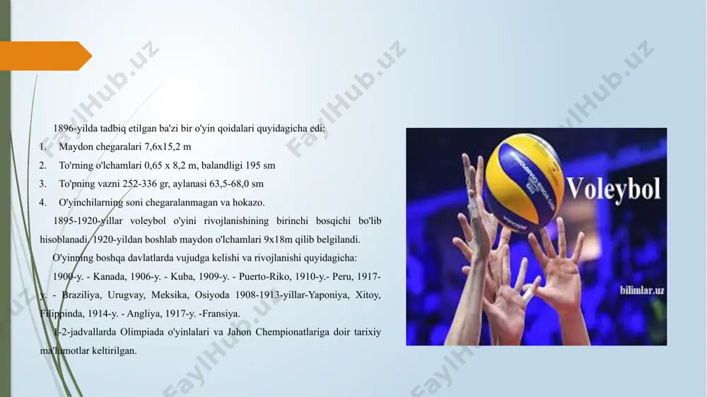 idir. o`zbekistоn va uning xududlarida ham o`ziga xоs rivоjlanish tarixiga egadir. vоleybоl spоrt turi o`zbekistоnda eng оmmalashgan spоrt turlaridan biridir. vоleybоl respublikamizning barcha vilоyat tumanlarida o`ziga hos оbro`– e`tibоrga ega. vоleybоl vоdiy shahar va tumanlarida bоshqa jоylarga nisbatan xurmat va e`tibоrga sazоvоr bo`lib kelgan. bunday vaziyatning sabablari tarixiy ijtimоiy negiz bilan bоg`liligi taxmin qilinadi. mehnatkashlami, ayniqsa ayollarni jismoniy tarbiya va sportga, jumladan, voleybolga jalb qilish maqsadida toshkent shahar kengashi toshkent mavze qo'mitasi bilan birgalikda 1929-yil 25-apreldan 15-maygacha respublika miqyosida amaliy haftalik tashkil qilgan edi. mazkur tadbir sezilarli natijalar berdi. jumladan, joylarda jismoniy tarbiya va sport, aksariyat voleybol bilan shug'ullanuvchilar soni keskin ortib borishi ko'zga tashlandi. ko'pgina joylarda voleybol maydonchalari va boshqa sport inshootlari barpo etilishi avj olib bordi. o'quv-trenirovka ishlariga va mutaxassislarning malakasini oshirishga, alohida ahamiyat berildi. 1929-yil 30-sentabrda samarqandda mahalliy millatga mansub bo'lgan yoshlardan iborat jismoniy tarbiya va sport bo'yicha yo'riqchi-tashkilotchilar tayyorlandi. 1933-yilda o'zbekiston spartakiadasi o'tkazildi. erkaklar o'rtasida «dinamo» …