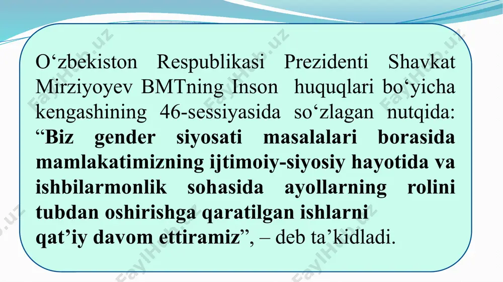 quqlidirlar. davlat xotin-qizlar va erkaklarga jamiyat hamda davlat ishlarini boshqarishda, shuningdek jamiyat va davlat hayotining boshqa sohalarida teng huquq va imkoniyatlarni ta’minlaydi. image2.jpeg image3.jpeg image4.jpeg /docprops/thumbnail.jpeg