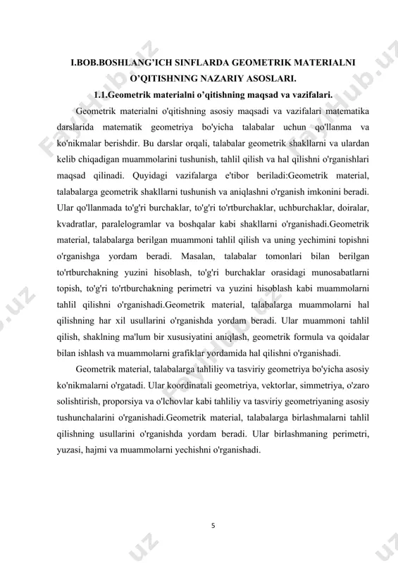 lashmaning perimetri, yuzasi, hajmi va muammolarni yechishni o'rganishadi. geometrik materialni o'qitish orqali talabalar geometrik mantiqni tushunish, muammolarni tahlil qilish, tahliliy va tasviriy geometriya, birlashmalarni tahlil qilish va muammolarni hal qilish qobiliyatlarini oshirishlari kutiladi. geometrik materialni o'qitishning maqsadi va vazifalari matematikada geometriyaning o'rganilishi va tushunilishi bo'yicha talabalar uchun qo'llanma va ko'nikmalarni taqdim etishdir. uning asosiy maqsadlari va vazifalari quyidagilar bo'lishi mumkin.geometrik material, talabalarga geometrik tushunchalarni tashkil etishga yordam beradi. ular to'g'ri burchaklar, to'g'ri to'rtburchaklar, uchburchaklar, doiralar, kvadratlar, paralelogramlar kabi shakllarni o'rganishda yordam beradi. bu shakllarni tushunish talabalarga geometrik dunyo bilan bog'liq muammolarni tahlil qilishga imkon beradi.geometrik material, talabalarga berilgan muammolarni tahlil qilish va ularni yechishning usullarini o'rganishga yordam beradi. masalan, to'g'ri burchaklar orasidagi munosabatlarni topish, shaklning yuzini hisoblash, burchaklar, tomonlar, perimetr va yuzlar bilan bog'liq bo'lgan muammolarni hal qilishni o'rganishda yordam beradi.geometrik material, talabalarga geometrik qoidalar va formulalarni o'rganish imkonini beradi. ular qoida va formulalarni foydalanish orqali muammolarni hal qilish va …