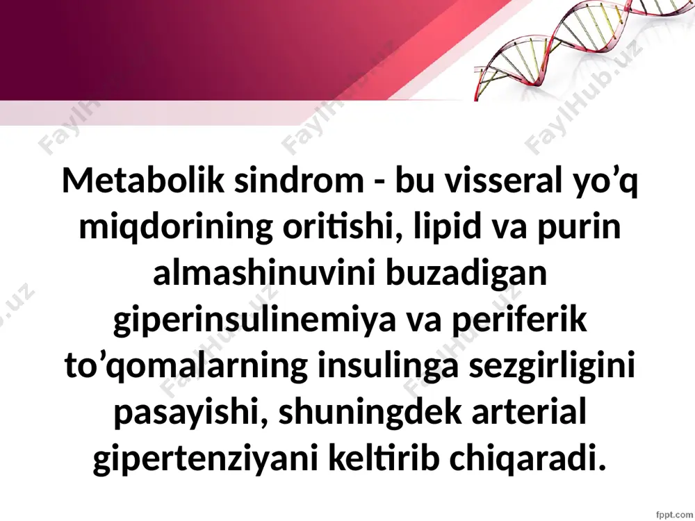 markaziy semizlik insulinga rezistentlikni keltirib chiqaradi. quyidagi turli faktorlar patogenezda muhim rol o’ynaydi: il-1, il-6, il-18 resistin tnf-alpha crp adiponektin metabolik sindromda yalliglanishga qarshi miqdori kamayadigan sitokin. patogenez davomi insulinni glukozga bog’lanishni buzilishi langergans orolchasining toksik zararlanishi insulinga rezistentlikni oshishi giperglikemiya qd 2-tip insulin rezistentlik ochlik/to’qlikda giperinsulinemiya lpl ta’sirida lipoliz erkin yog’ kislotalarining ortishi patogenez davomi patogenez davomi tekshiruv rejasi antropometriya umumiy qon tahlili qonning bioximik tahlili (xolesterin, glukoza) diagnostika типы массы тела имт (кг/м²) риск сопутствующих заболеваний дефицит массы тела 140/90 mm hg) tg> 1,7 mmol / l ga oshdi erkaklarda zylp xolesterolining 3,0 mmol / l ro'za giperglikemiyasi (ochlik plazmasidagi glyukoza> 6,1 mmol / l) glyukoza tolerantligining buzilishi - glyukoza tolerantlik testidan 2 soat o'tgach> 7,8 va 40 kg / m2 yoki> 35 kg / m2 bilan birga keladigan kasalliklarga chalingan bemorlar uchun ham imkoniyatdir. semizlik qon bosimini qon bosimi va barcha sabablarga ko'ra o'lim darajasi o'rtasidagi to'g'ridan-to'g'ri …