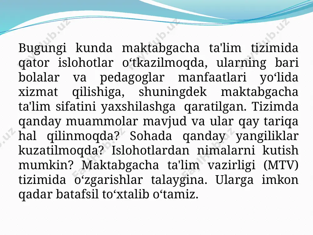 ga bo‘ladi, ya'ni u 1-sinfga chiqishga motivatsiya oladi", - deydi o‘zbekiston respublikasi maktabgacha ta'lim vaziri agrippina shin. yangi dasturda barcha narsaning asosi ijtimoiy yondashuvdir, ya'ni diqqat markazida - bola va uning manfaatlari. pedagog ota-ona, pedagogik tarkib, bolaning o‘zi va albatta, jamiyat hamda davlat kabi ijtimoiy hamkorlar bilan bir ijtimoiy muhitni tashkil qiladi. dastur asosida bilim olish jarayonini o‘yinlar orqali rivojlantirish yotadi. bolalarda ilm olish, ijod, ijtimoiy yo‘nalish kabi tushunchalar rivojlanadi, sog‘lom hayot tarzi tarbiyalanadi va ular ijtimoiy muhitda o‘zlarini qanday tutish kerakligini tushuna boshlashadi. shu yildan boshlab o‘zbekistonda bir guruhda 25 nafargacha bola bo‘lishi me'yoriy ko‘rsatkich sifatida belgilandi, ayniqsa sinov tariqasida faoliyat yuritayotgan maktabgacha ta'lim muassasalarida. ilgari esa bir guruhdagi bolalar soni 30 dan ziyod, ba'zidan esa 40 tagacha yetar edi, bu esa bolalarning sifatli maktabgacha ta'limga ega bo‘lishida muayyan muammolarni keltirib chiqarardi. guruhlardagi bolalar soni "prezident topshirig‘iga ko‘ra, 4 hududda 6 yoshli bolalarni majburiy maktabgacha ta'lim bilan qamrab oluvchi …