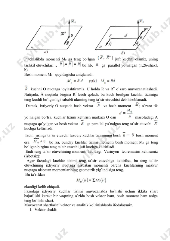 ntlarining algebraik yig`indilari va mazkur nuqtalardan o`tuvchi o`qqa perpendikular bo`lmagan o`qdagi proyeksiyalarining yig`indisi alohida-alohida nolga teng bo`lsa, bunday kuchlar tizimi muvozanatda bo`ladi: har qanday to`sin* uch xil tayanchda yotadi. 1. sharnirli-qo `zg `aluvchan tayanch (1.29-shakl, a). bu xildagi tayanch to`sin uchining gorizontal ko`chishiga va ko`ndalang kesimining aylanishiga qarshilik ko`rsatmaydi. sharnirli-qo`zg`aluvchan tayanchning sxematik tasviri 1.29-shakl, b da ko`rsatilgan. bunday tayanchning reaksiyasi r tayanch bog`lanishi bo`ylab yoki g`ildiraklarning tayanch tekisligiga tik yo`nalgan bo`ladi. 2. sharnirli qo`zg`almas tayanch (1.30-shakl, a). bu tayanch nuqtasiga tegishli kesimning erkin aylanishiga imkon bersa-da, lekin to`sin uchining hech qanday chiziqli ko`chishiga yo`l qo`ymaydi. bu tayanchning sxematik tarzdagi ko`rinishi to`sin bilan sharnir vositasida tutashtirilgan ikkita sterjendan iborat (1.30-shakl, b). qo`zg`almas-sharnirli tayanchlarda h gorizontal va r vertikal tashkil etuvchilarga ajraluvchi tayanch reaksiyalari hosil bo`ladi. 3. qistirib mahkamlangan tayanch (1.31-shakl, a). bu xildagi tayanch unga tutashtirilgan to`sin kesimining to`g`ri chiziqli va burchakli ko`chishlariga yo`l qo`ymaydi. bu tayanchning sxematik tasviri 1.31-shakl, b …
