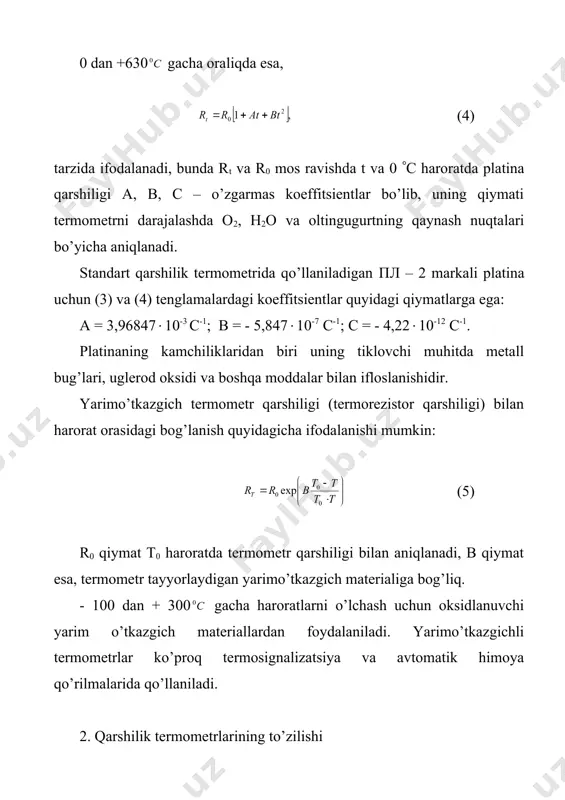chalari 5 izolyatsion keramik truba 6 orqali utadi. shularning hammasi o’lchash ob‘ektida rezbali shtutser 8 yordamida o’rnatilgan himoya g’ilofi 7 da joylashgan. termometr ulaydigan uch 9, simlarni ulash vinti 11 lar himoya g’ilofi ichida joylashgan. 2-rasm, a da sterjenli termorezistor ko’rsatilgan. u quloqchalar 3 kavsharlangan kontaktli qalpoqchalar 2 ga ega bo’lgan silindr 1 dan tashkil topgan. silindr emal buyoq bilan qoplangan, uning yuqori qismida shisha izolyator 6 bor. munchoqli termorezistorlarning (3-rasm, b) yarim o’tkazgich elementi 1 diametri 0,5 mmli shisha qobiq 4 bilan himoya qilingan sharcha shakliga ega. sharchaga 0,05 mm diametrli platina simdan qilingan va nikelli quloqchalar 3 bilan ulangan elektrodlar 2 joylashgan. past haroratlarni o’lchash uchun muljallangan germaniyli termometrlar mis gilzadan (3-rasm, v) iborat bo’lib, gazsimon geliy bilan to’ldirilgan va germetik tiqin 2 bilan yopilgan. gilza ichida surma bilan legirlangan germaniy 3 ning monokristali joylashgan. kristall 4 ga oltin o’tkazgich yopishtirilgan bo’lib, ularga platina quloqchalari 5 kavsharlangan. kristall …