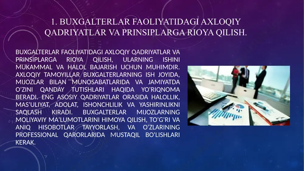 3. buxgalterlarning shaxsiy va professional manfaatlaridagi muvozanatni saqlash. buxgalterlarning shaxsiy va professional manfaatlaridagi muvozanatni saqlash, ularning ishining axloqiy asoslarini mustahkamlashda muhim ahamiyatga ega. buxgalterlar o‘zlarining shaxsiy manfaatlarini professional vazifalariga aralashtirmasliklari kerak, chunki bu ularning mustaqilligi va obro‘sini xavf ostiga qo‘yishi mumkin. masalan, agar buxgalter o‘z shaxsiy manfaatlarini mijoz yoki ish beruvchining manfaatlari bilan solishtirsa, bu axloqiy muammolarni keltirib chiqarishi mumkin. buxgalterning asosiy maqsadi to‘g‘ri, adolatli va ishonchli moliyaviy hisobotlarni taqdim etish bo‘lib, shaxsiy manfaatlarga qarshi qarorlar qabul qilishdan saqlanishi lozim. buxgalterlarning shaxsiy va professional manfaatlaridagi muvozanatni saqlash, ularning axloqiy integritetini va ishga bo‘lgan ishonchini ta'minlaydi. shaxsiy manfaatlar, masalan, moliyaviy yoki shaxsiy qarorlar, buxgalterning professional ishiga ta’sir ko‘rsatmasligi kerak. buxgalterlar har doim o‘z ishlarini mustaqil va adolatli tarzda bajarishlari zarur, shaxsiy manfaatlarini biror moliyaviy operatsiyaga yoki hisobotlarga ta'sir qilmaslikka harakat qilishlari kerak. agar buxgalter o‘z shaxsiy manfaatlari bilan professional ishlarni aralashtirsa, bu nafaqat uning shaxsiy obro‘sini, balki tashkilotning moliyaviy ishonchliligini ham …