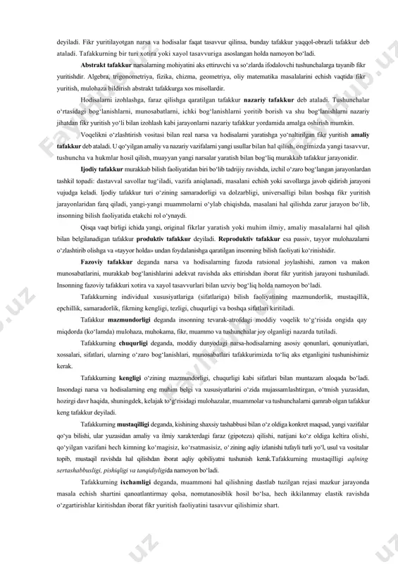ahardagi boshqa oliy o‘quv yurti talabalari ham qishki sessiyaga tayyorgarlikni kuchaytirmoqdalar. demak, toshkent shahrining barcha tibbiyot oliy o‘quv yurti talabalari qishki sessiyaga qunt bilan tayyorlanmoqdalar, degan hukm chiqariladi. deduktiv xulosa chiqarishda – umumiy va yakka hukmlardan yakka yoki juz’iy hukm keltirib chiqariladi. misol uchun: o‘zbekiston “yoshlar ittifoqi” a’zolari shijoatli yoshlardir. toshkent pediatriya tibbiyot instituti talabalari “yoshlar ittifoqi” a’zosidirlar. demak, ular ham shijoatlidirlar. analogik xulosa chiqarishning shunday shaklidirki, bunda ikki predmetning ba’zi bir belgilari o‘xshashligiga qarab, bu predmetlarning boshqa belgilari o‘xshashligi to‘g‘risida ham xulosa chiqariladi. analogiya deb, narsa va hodisalarning bir-biriga o‘xshash bo‘lgan ba’zi belgilariga qarabgina hukm yuritishdan iborat xulosa chiqarish shakliga aytiladi. shunday qilib, analogik yo‘l bilan xulosa chiqarganda, murakkab qonuniyatlar to‘g‘risidagi bilimlar o‘zlashtirilmasada, lekin turmushning turli jabhalarida undan foydalanib turiladi. psixologiya fanida tafakkur quyidagicha shartli klassifikatsiya qilinadi: ko‘rgazmali-harakat tafakkuri. bola tug‘ilishidan tortib, to uning bog‘cha yoshigacha davr amaliy faoliyatda ko‘rgazmali-harakat tafakkur o‘sishining asosiy davri hisoblanadi. mazkur yoshdagi inson ana …