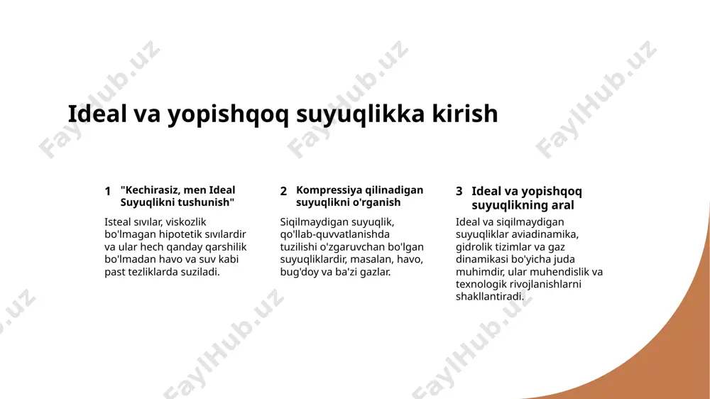 aat qiladi. faktorlar kompreslilikni ta'sir qiladigan harorat, bosim va molekulyar tuzilmalar barcha suyuqlikning bosishqoqlikka ta'sir qiladi. masalan, gazlar sivagacha bosishqoqroqdir. suyuqlikning qo'llanilishi suyuqliklarning sıqılmaydiganligini tushunish muhimi muhandislikda, masalan, gidrolik tizimlarni loyihalashda va gaz saqlash qobiliyatlari hisoblashda. siyqilmaydiganlikni o'lchash suyuqlikning siqilmaydiganligi odatda bulk modulsi orqali o'lchaydi, bu suyuqlikning bosqich osti ostida siqishga qarshi turishini baholaydi. siyqilmaydigan suv xususiyatlari 1 2 3 siqilmaydigan suyuqlikning tavsifi injenerlikda siqilmaydigan suyuqlik xossalari qo'llanilishi suyuqlik dinamikasida siqilmaydigan suyuqlik xususiyatlarining ahamiyati inkompressiya qilinadigan sular, suyuqlik va yog'lar, harorat va bosimning normal sharoitlarida o'zining tiniq qoladi. inkompressiya qilinadigan suyuqlik xususiyatlar, damlar va suyuqlik kuchlari uchun dizayn qilishda ahamiyatga ega. inkompressiya qilingan suyuqlik xususiyatlarining suyuq dinamika tadqiqotlarida katta ahamiyati bor, suyuqliklarning harakatdagi xulqini tushunishga yordam beradi. gidrostatika va suyuqlik bosimi 1 hidrostatikani tushunish gidrostatika, suyuqliklarning istirohat holatidagi o'rganishidir, masalan, konteynerdagi su yoki balloondagi havo. 2 suyuqlik bosimi va uning qo'llanilishi suyuqlik bosimi suyuqlikning birlik maydoniga kuch ta'siri qiladi va …
