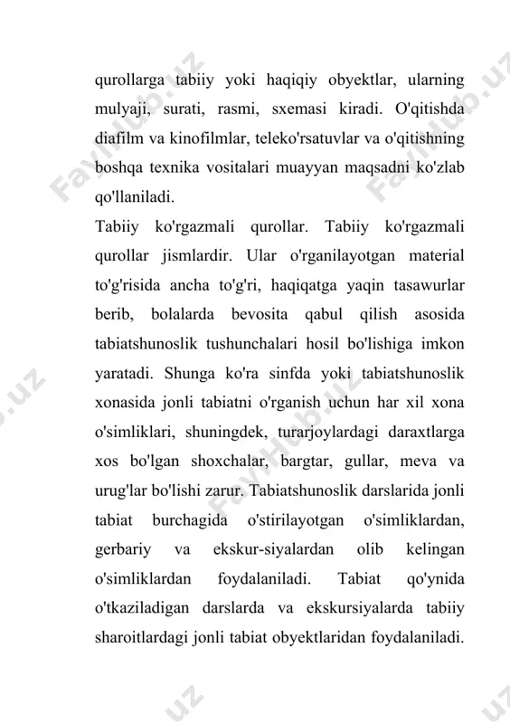 skop va filmoskoplar kiradi. sanoatimizda maktab proyeksion apparatlar maxsus qo'llanma bilan birga tayyorlangan. darsda diapozitivlarni namoyish qilishdan oldin o'qituvchi qo'llanma mazmuni bilan tanishgan va mavjud apparatlar bilan ishlash uslublarini amaliy ravishda egallagan bo'lishi kerak. tabiatshunoslik dasrlarida kodoskop, ketma-ketlik usulida bajarilgan, tiniq pardada chizilgan maxsus transporantlar, shuningdek, yasama qurollar (rangli sxemalar), rasmlar, kesmalar, yon ko'rinishlar va boshqa o'quv qurollari qo'llaniladi. transporant shu bilan qulayki, u har xil jarayonlar (masalan, ko'lni o't bosishi, manbalar, ya'ni buloqlar hosil bo'lishi, tabiatda suvni doira bo'ylab aylanishi va boshqalar)ni dinamika (harakat)da ko'rsatish imkonini beradi. kodoskop bevosita apparat stolchasida odatdagi flomaster, sharikli ruchka yoki qalam bilan tiniq pardada chizilgan har qanday rasm, sxema yon ko'rmishni ekranda ko'rsatishga imkon beradi. ekran vositalari (diafilmlar, diapozitivlar, slaydlar) mustaqil rolni bajarishi mumkin. ekran vositalari devoriy suratlar kabi zaruriyatga qarab namoyish qilinadi. bir darsning o'zida 5—6 kadrdan foydalanish tavsiya qilinadi. ayrim hollarda 10 gacha kadrdan maqsadga yo'nalgan holda foydalansa bo'ladi. ujar hujjatli, …