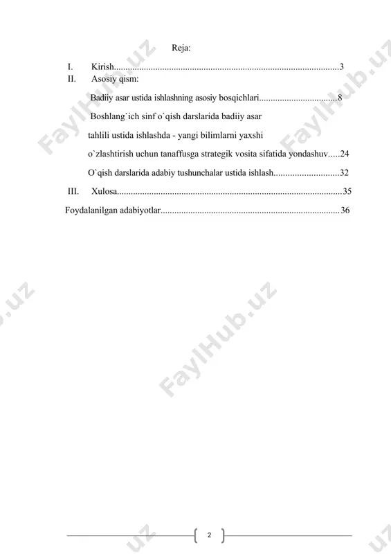 g. keyin natijalarni birgalikda muhokama qiling. 3. mustahkamlash va ijodiy faoliyat · yaratmash topshiriqlar: o`quvchilar o'zlari kichik syujet yoki obraz yaratsin. · analitik savollar: organilgan tushunchaga doir oz fikrlarini yozma yoki og`zaki bayon qilish. · baholash va fikr-mulohaza: dars oxirida o`quvchilarning ishtirokini baholab, ularning kuchli va kamchilik tomonlarini muhokama qiling. 4. darsning yakuni · asosiy tushunchalarni qisqacha takrorlang. · keyingi darsda o`rganiladigan tushuncha yoki mavzuni e'lon qiling. adabiy tushunchalarni badiiy matn bilan bog'lab ishlash orqali o'quvchilarning nafaqat nazariy, balki hayotiy tushunchalari ham kengayadi. shuningdek, bu usul ularda tanqidiy fikrlash va o‘z fikrlarini asoslash qobiliyatini rivojlantirishga yordam beradi. boshlang‘ich sinflarda badiiy asar ustida ishlash bolalarda o‘qish malakasini shakllantirish, tasavvur va his-tuyg‘ularni rivojlantirish, asar mazmunini anglash qobiliyatini oshirishga xizmat qiladi. quyida bunday darslarni tashkil etishda foydalanish mumkin bo‘lgan usullar va bosqichlar keltirilgan: 1. tayyorlov bosqichi a) darsga tayyorgarlik: · asarni tanlash: o‘quvchilarning yoshiga va qiziqishlariga mos asar tanlang (masalan, ertak, hikoya yoki …