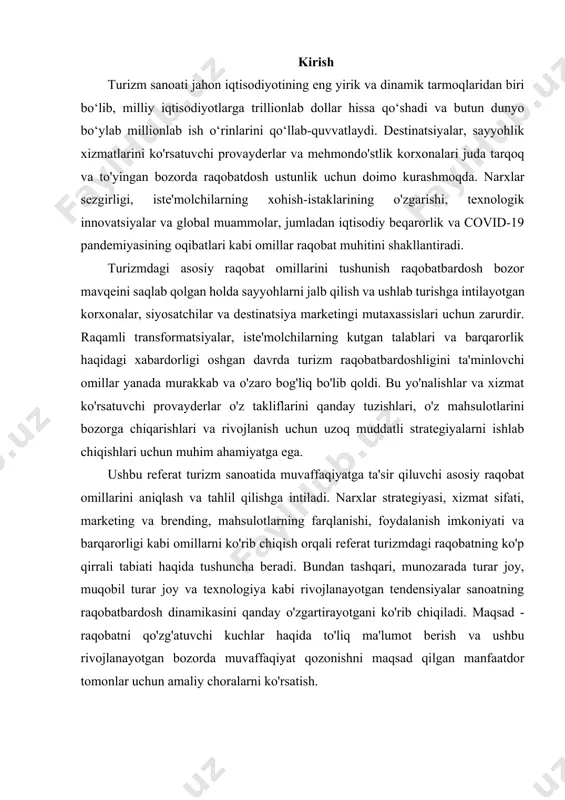 rsatadi. - iqtisodiy sharoitlar: global va mintaqaviy iqtisodiy omillar, masalan, inflyatsiya darajasi, ixtiyoriy daromad va valyuta kurslari ham narx strategiyasiga, ham sayohatchilarning arzonligiga jiddiy ta'sir qiladi. masalan, xalqaro tashrif buyuruvchilar uchun qulay valyuta kursi borar joyni yanada raqobatbardosh qilishi mumkin. xizmat sifati - mijoz tajribasi: ajoyib xizmat sifati - turar joy, transport va mahalliy xizmatlarni o'z ichiga olgan - boradigan joyning obro'sini oshirishi va mijozlarning sodiqligini oshirishi mumkin. samimiy mehmondo'stlikdan tortib moslashtirilgan xizmatlargacha bo'lgan ijobiy tajribalar takroriy tashriflar va ijobiy sharhlarni keltirib chiqaradi. - turar joy standartlari: hashamatli mehmonxonalar, dam olish maskanlari yoki muqobil turar joy (masalan, airbnb)dagi yuqori sifatli turar joylar borar joyning umumiy jozibadorligini oshiradi. butik-mehmonxonalar va eko-lojalarning ko‘tarilishi o‘ziga xos imtiyozlarga mos keladigan noyob, yuqori standartli turar joy izlayotgan sayohatchilarga xizmat qiladi. - sayohatchilar va mahalliy ekspertiza: bilimli, do‘stona mahalliy gidlar sayohatchilarning tajribasini yaxshilaydi, ayniqsa madaniy, tarixiy yoki sarguzashtlarga asoslangan sayohatlarni taklif etuvchi yo‘nalishlarda. mahalliy tajriba va …