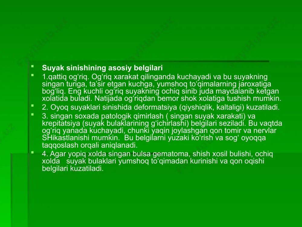 n bog‘lam ishlatiladi. btyo dan sung davolash immobilizatsiyasi satsionarda utkaziladi. bunda gipsli bog‘lamdan foydalaniladi. gips 100-1300 s issiqlikda quritilgan kalsiy sulfatdir. 10-12 daqiqada qotadi, uta gigroskopik. shikastlanishning boshlang‘ich davrida langet ( gipsli bog‘lam yarim uraladi), to‘qima shishlari qaytganda sirkulyar (keng, urtacha tor xolda) gipsli bog‘lam uraladi. gipslashning asosiy qoidalari: 1. gips qo‘yishda paytda qul-oyoq xarakatsiz va qulay xolatda bulishi lozim, 2. gipslanayotgan a’zo yordamchi tomonidan faqat kaft bilan ushlanadi, 3. gipsning yaxshi qotishi va sinmasligini ta’minlash uchun extiyot choralari ko‘riladi, 4. gipsli bint o‘ralayotganda har gal oldingi o‘rashni 2/3 qismi qamrab olinadi, 5. har bir gipsli bint qavati utsidan qul bilan tekislanadi, 6. gipslangan oyoq yoki qul barmoqlarining uchlari ochiq qoldirilishi lozim, 7. gips qotgach oyoq yoki qul kutarilib quyilishi, agar og‘riq sezilsa maxsus qaychi bilan kesilib langet tarzida utsidan bog‘lanadi. suyaklarning chiqishi. suyaklarning bug‘imlardan normal xolatidan surilishi suyak chiqishi deyiladi. suyaklarning bo‘g‘im yuzasi bir-biriga jips tegmay qolsa to‘liq chiqish, …