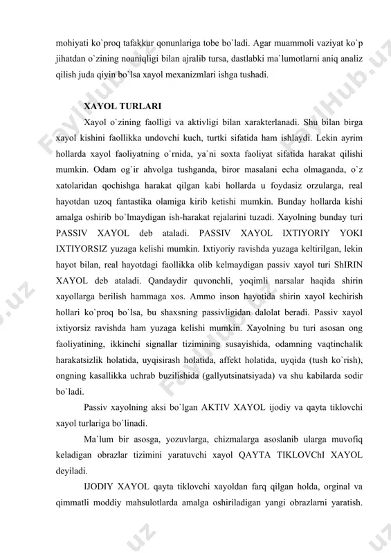 soslanib ularga muvofiq keladigan obrazlar tizimini yaratuvchi xayol qayta tiklovchi xayol deyiladi. ijodiy xayol qayta tiklovchi xayoldan farq qilgan holda, orginal va qimmatli moddiy mahsulotlarda amalga oshiriladigan yangi obrazlarni yaratish. ijodiy xayol barcha turdagi texnik, badiiy va boshqa ijodiyotning ajralmas qismini tashkil qiladi. xayol jarayonlari xayol (fantaziya) obrazlari qanday yaratiladi? xayol jarayonlari ham idrok, xotira, tafakkur kabi analitik va sintetik xarakterga ega. analiz idrok va xotiradek ob`ektning ayrim umumiy belgilarini ajratish va saqlash hamda muhim bo`lmagan belgilardan chetlashish imkoniyatini beradi. analiz va undan keyingi sintez natijasida andaza, etalon hosil qilinadi. shu etalonga suyangan holda tashqi olam, borliq, predmetlar va hodisalar o`rganiladi. analiz va sintez xayol jarayonida boshqacha o`ringa va yo`nalishga ega. chunki xayol jarayonida yangi, avval bo`lmagan obrazlar, tasavvurlar yaratiladi. albatta bunda yangilik va eskilik o`rtasidagi izchillik saqlanib qoladi. xayol jarayonlarida tasavvurlar sintezi turlicha amalga oshiriladi. agglutinasiya. agglutinasiya - kundalik hayotimizda birlashtirib bo`lmaydigan turli sifatlar, xususiyatlar va qismlarni "yopishtirib" birlashtirishdan …