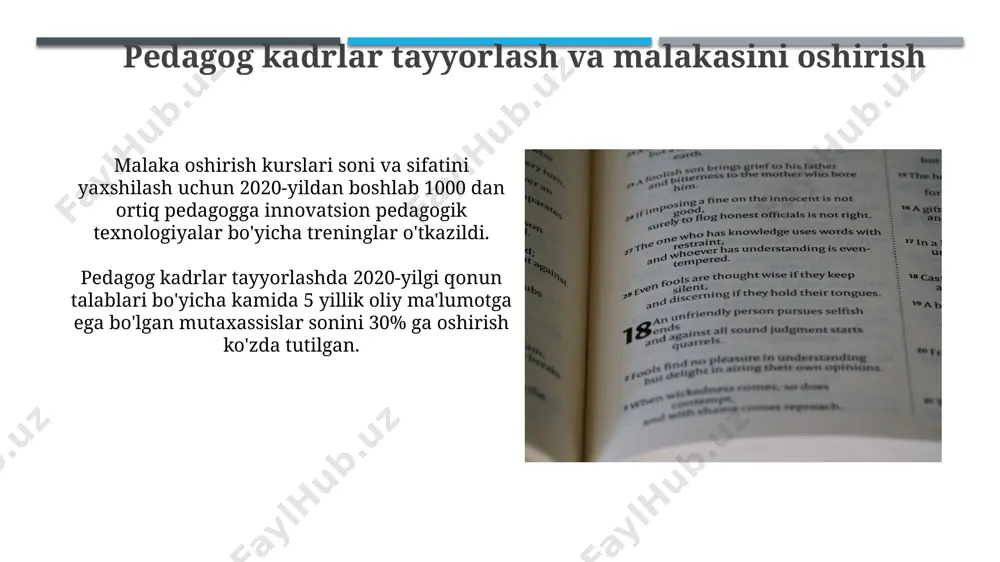 torning ishtiroki orqali investitsiyalarni jalb qilish mexanizmlari kiritilgan. ta'limning turli bosqichlarini (umumiy o'rta, o'rta maxsus, oliy) moliyalashtirishda grantlar, stipendiyalar va byudjet mablag'lari kabi turli mexanizmlardan foydalanish belgilangan bo'lib, ulardan foydalanish tartibi aniqlab berilgan. oliy ta'lim oliy ta'lim muassasalarida 2020-yildan keyin talabalarning soni sezilarli darajada oshdi, taxminan 15% ga, bu yangi ta'lim qonunchiligining ta'siri natijasidir. bakalavr va magistratura bosqichlarini tugatgan bitiruvchilar soni 2020-yildan keyin 10% ga oshgan, bu "oliy ta'lim" sohasidagi islohotlarning samaradorligini ko'rsatadi. maktabgacha ta'lim maktabgacha ta'lim muassasalarida tarbiyachilarning malakasi va kasbiy tayyorgarligi bo'yicha yangi talablar belgilangan bo'lib, ularning kamida 50%i oliy ma'lumotga ega bo'lishi kerak. 2020-yilgi "ta'lim to'g'risida"gi qonunning yangi tahriri maktabgacha ta'limning davlat tomonidan qo'llab-quvvatlanishini kuchaytirish, shu jumladan, moddiy-texnik bazasini yaxshilashni nazarda tutadi. e'tiboringiz uchun rahmat @taqdimot_robot image1.jpg image2.jpg image3.jpg image4.jpg image5.jpg image6.jpg image7.jpg image8.jpg image9.jpg image10.jpg image11.jpg image12.jpg image13.jpg image14.jpg image15.jpg image16.jpg image17.jpg