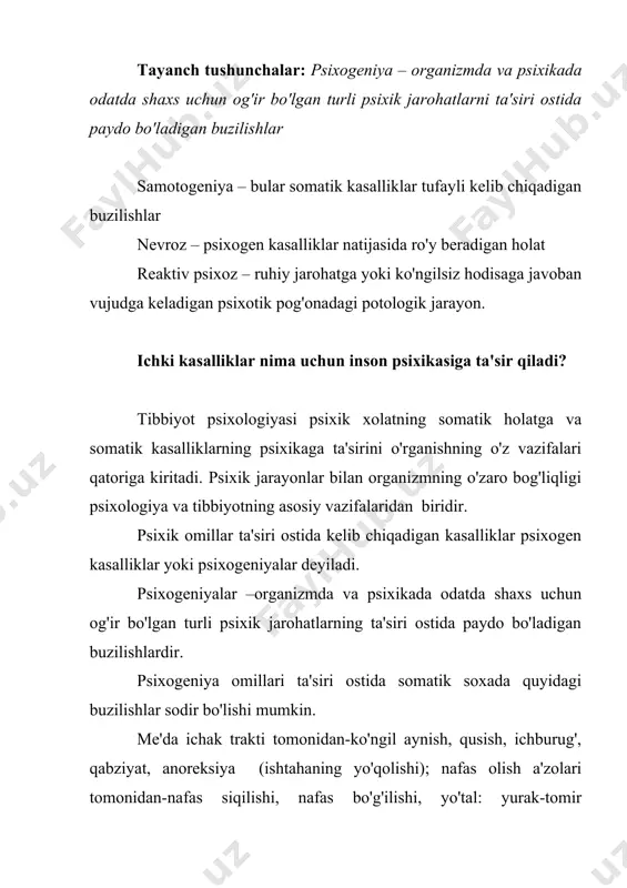 zatiladi. ayrim hollarda psixogen omillar samotagen omillar bilan qo'shilib, o'zaro bir-birini kuchaytirishi mumkin nevroz qanday kelib chiqadi? psixogen kasalliklarning hammadan ko'p tarqalgan formalari, nevrasteniya, isteriya va miyadan nari ketmaydigan xayol nevrozidir. nevroz so'zi (grekcha – ‘neyron’ - nerb) so'zidan olingan bo'lib, psixogen kasalliklar, ya'ni oliy nerv faoliyati turmushdagi mushkul axvollar va kechinmalarning psixikaga yomon ta'sir qilishi natijasida ro'y beradigan holatdir. nevrozlar tasnifi uchun i.p.pavlovning odam oliy nerv faoliyati tiplari to'g'risidani ta'limoti katta ahamiyatga ega. nevrozlar ko'pincha nerv tizimi kuchsiz yoki muvozanatlashmagan kuchli tipdagi kishilarda vujudga keladi. odam shaxsining o'zi va uning tarixiy rivojlanish davrida shakllangan butun xususiyatlari nevrozlarning vujudga kelishida muhim rol o'ynaydi. ayniqsa qiyin va uzoq davom etadigan mushkul vaziyatlar tug'ilsa shu mahalgacha soppa sog' yurgan odamlarda ham nevrozning hamma asosiy formalari, jumladan isteriya paydo bo'lishi mumkin. biroq isterik xarakter ko'rinishidagi moyillik bo'lsa anna shunda ko'pincha isteriya kelib chiqadi. isterik xarakter asosan odamning nozik qilib tarbiyalanib, turmushga moslashaolmaydigan, no’noq …