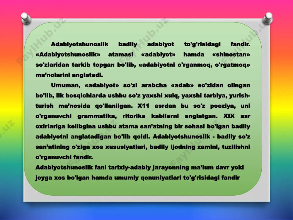 taraqqiyoti va kitob bosishning kelib chiqishi sabab bo'ldi. natijada so'z san’ati bo'lgan adabiyot mustaqil san’atga aylandi. shuning oqibatida nazmning o'ziga xos alohida qonunlari emirilib, so'z san’ati xalq tiliga yaqinlashdi. shundan keyingina adabiyot to'g'risidagi fan ham, nazariy tushunchalar ham o'zgardi. oldia.ngi nazariyachilar adabiyotga so'z san’ati sifatida qarab, uning shakliy tomonlari (nutq, kompozitsiya, uslub va janr kabi) ga asosiy e’tiborni berganlar. yangi adabiyotning paydo bo'lishi bilan badiiy adabiyotning mazmuniga e’tibor kuchaydi, mavzu, g'oya, xarakter, metod kabilarga katta e’tibor beriladigan bo'ldi. adabiyotshunoslik fani tilshunoslik, tarix, estetika, psixologiya va boshqa fanlar bilan aloqada bo'ladi. masalan, adabiyotshunoslik so'z bilan ifodalanadi, so'zni esa tilshunoslik o'rganadi. shuningdek, tuyuq janri haqida gapirilsa, u omonimik qofiyada bo'ladi. omonim so'zlar qoidasini esa tilshunoslikdan topishimiz mumkin. adabiyotshunoslik tarix fani bilan ham bog'liq. adabiyotshunoslik adabiy jarayonga, uning asarlariga baho beradi. shunda tarix bilan bog'liq holda tahlil qiladi. estetika bu barcha san’atlarning nazariyasidir. bu rassomlik, haykaltaroshlik va kino san’atidir. adabiyot ilmi o'z qoidalarini …