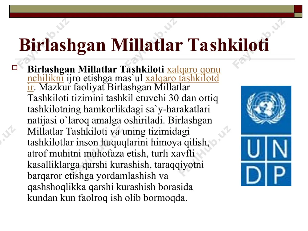 iq mamlakatning davlat va hukumat boshliqlari ishtirok etdi. mazkur anjumanda umumbashariy ahamiyatga ega bo‘lgan ijtimoiy-iqtisodiy, ekologiya va xavfsizlikka doyr muammolar muhokama qilinib, yangi yuz yillikning dastlabki yillarida amalga oshirilishi mo‘ljallanayotgan tadbirlar belgilandi. birlashgan millatlar tashkiloti qanday faoliyat ko`rsatadi? bugungi kunda 185 mamlakat, ya`ni dunyoning qariyb barcha mamlakatlari birlashgan millatlar tashkilotining a`zolaridir. birlashgan millatlar tashkilotining a`zosi bo`lgan davlat xalqaro munosabatlarning asosiy tamoyillari aks etgan, xalqqaro shartnomalardan iborat bo`lgan birlashgan millatlar tashkilotining nizomida bayon etilgan majburiyatlarni qabul etadi. birlashgan millatlar tashkiloti to`rtta asosiy maqsadga amal qiladi: xalqaro tinchlik va xavfsizlikni ta`minlashga ko`maklashish, millatlar o`rtasida do`stona aloqalarni rivojlantirish, xalqaro muammolarni hal etishda va inson huquqlarini hurmatlashni rag`batlantirishda, xalqaro hamkorlikni barqaror etish hamda ushbu umumiy maqsadlarga erishishda millatlar sa`y-harakatlari, kelishuvlari uchun markaziy rolni o`ynash. birlashgan millatlar tashkiloti a`zolari — mustaqil davlatlardir. birlashgan millatlar tashkiloti butunjahon hukumati emas va u qonunlar qabul qilmaydi. biroq xalqaro mojarolarni bartaraf etishga va bizning barchamizga daxldor bo`lgan masalalarni hal …