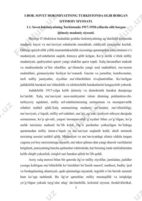 larida g’oyaviy-siyosiy kurash avj oldi. xo’jalik vayronaligi va oziq-ovqat dik-taturasi, yangi iqtisodiy siyosat va xomashyoga davlat monopoliyasi, ko’p sonli qizil armiya va davlat idoralari xodimlarining ta’minoti madaniyat, matbuot, maorif sohalarining moddiy ahvoli og’irlashuviga sabab bo’ldi. bunday og’ir ahvol turkiston madaniy hayotining 1924-yilgacha bo’lgan davriga xos edi. buxoro va xorazmda 1917— 1920-yillarda madaniyat, maorifning ilg’or zamonaviy shakllarini joriy qilish davom etgan islohotchilik harakatida katta o’rin egalla-di. shuningdek, demokratik o’zgarishlar xalq ma’na-viyatini hisobga olib o’tkazilishi idrok etildi. ammo buxoroda 1917-yil bahorida konservativ, mutaassib kuchlarning jazavaga kelishi, ayniqsa, 1918-yil martida kolesovchilikning tajovuzkorligi oqibatida ma’rifatchilik jarayoniga, ilg’or madaniy kuchlarga jiddiy talafot yetkazildi. jadid deb e’lon qilingan 3 mingga yaqin ilg’or ziyolilar qatl etildi. xorazmda iqtisodiy ahvolning og’irlashuvi madaniyat va maorifning ahvoliga salbiy ta’sir qildi. shu bilan birga, xalq ommasining ma’rifat-ga, axloqiy kamolotga intilishi davom etdi. an’anaviy maktablar, madrasalar, madaniy-ma’rifiy vaqflar faoli-yati, o’qimishli-ziyolilar, ijodkorlarning jamiyatdagi faxrli mavqeyi saqlanib qoldi. xorazm va buxoro respublikalari sharoitida (1920— …