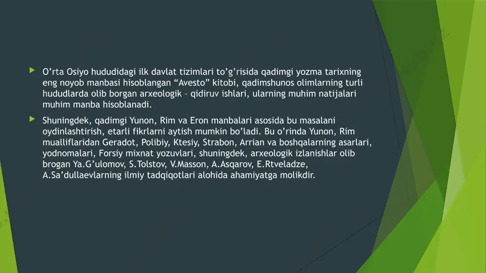 nomlar bilan mashhur bo’lganlar. ular yaylovlar uchun doimo bir – birlari bilan to’qnash kelganlar. ayni paytda siyosiy hukmronlik uchun ham kurash qizg’in edi. shimoliy – g’arbiy xitoy va sharqiy turkiston hududlaridan markaziy osiyoga ko’chmanchi chorvador qabilalarning kirib kelishi bu mintaqada muhim siyosiy o’zgarishlarga olib keldi. hozirgi o’zbekiston hududida qadimgi xorazm davlatidan tashqari choch, so’g’d hududlarini o’z ichiga olgan qudratli qang’ podsholigi (miloddan av. iii asr) parkana –farg’ona davlati, baqtriya, yunon – baqtriya davlati tashkil topdi. yunon – baqtriya davlatining asosini baqtriya, so’g’diyona, marg’iyona tashkil etadi. qang’ davlatining joylashgan o’rni haqida olimlar o’rtasida yangicha qarashlar mavjud. a.asqarovning fikricha, hozirgi toshkent va sirdaryo viloyatlari ham janubiy qozog’iston erlarida yashovchi sak qabilalarning makedoniyalik iskandar qo’shinlari va salavkiylarga qarshi kurashlari jarayonida miloddan avvalgi iii asrda yarim o’troq qang’ davlati tashkil topadi degan xulosaga keldi. xorazmda ayniqsa hunarmandchilik yuksak darajada rivoj topgan. kulolchilik, temir, mis asboblar, qurollar, zargarlik buyumlariga talab katta bo'lgan geradot taassurotlarida xorazm …