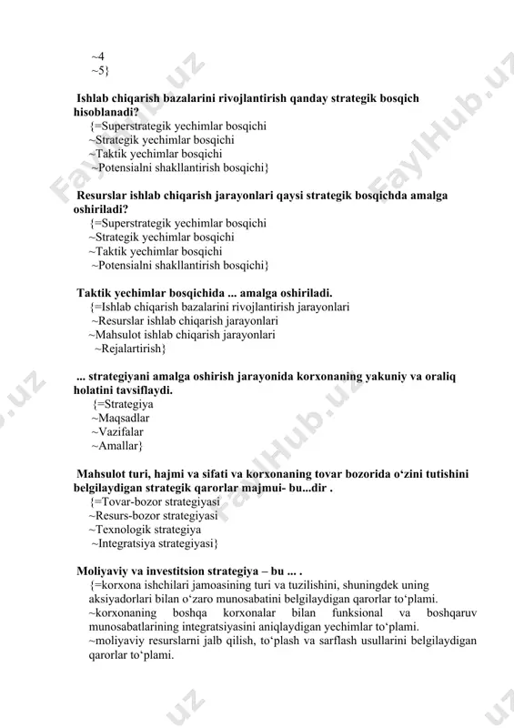 mahsulot turi, hajmi va sifati va korxonaning tovar bozorida о‘zini tutishini belgilaydigan strategik qarorlar majmui- bu...dir . {=tovar-bozor strategiyasi ~resurs-bozor strategiyasi ~texnologik strategiya ~integratsiya strategiyasi} moliyaviy va investitsion strategiya – bu ... . {=korxona ishchilari jamoasining turi va tuzilishini, shuningdek uning aksiyadorlari bilan о‘zaro munosabatini belgilaydigan qarorlar tо‘plami. ~korxonaning boshqa korxonalar bilan funksional va boshqaruv munosabatlarining integratsiyasini aniqlaydigan yechimlar tо‘plami. ~moliyaviy resurslarni jalb qilish, tо‘plash va sarflash usullarini belgilaydigan qarorlar tо‘plami. ~tanlangan strategiyani amalga oshirishda korxonani boshqarish xususiyatini belgilovchi qarorlar tо‘plami} bitta tashkilot ichida ikki yoki undan ortiq faoliyatni bir joyga tо‘plashda yuzaga keladigan strategik ustunlikka nima deyiladi? {=sinergiya ~imitatsiya ~interpretatsiya ~simbioz} mahsulot sifati deb nimaga aytiladi? {= mahsulot sifati- bu uning maqsadiga muvofiq ma’lum extiyojlarni qondirishga yaroqliligini belgilaydigan mahsulot xususiyatlarining yig‘indisi. ~ mahsulot sifati- bu uning maqsadiga muvofiq ma’lum extiyojlarni qondirish xususiyati ~ mahsulot sifati- bu uning maqsadiga muvofiq ma’lum extiyojlarni qondirishga yaroqliligini belgilaydigan mahsulot. ~ tо‘g‘ri javob keltirilmagan} …