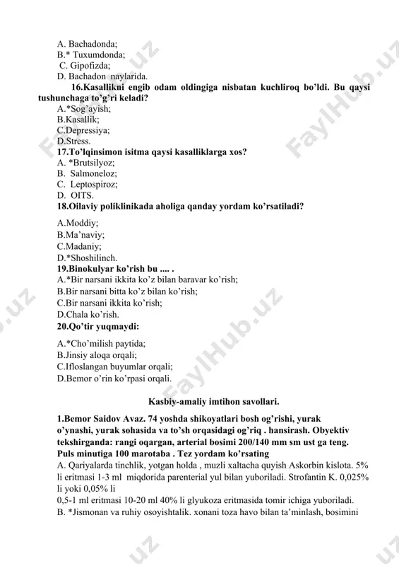 ta. 5% li eritmasi 1-3 ml miqdorida parenterial yul bilan yuboriladi. strofantin k. 0,025% li yoki 0,05% li 0,5-1 ml eritmasi 10-20 ml 40% li glyukoza eritmasida tomir ichiga yuboriladi. b. *jismonan va ruhiy osoyishtalik. xonani toza havo bilan ta’minlash, bosimini nazorat qilish. oyoq qullarga issiq vanna . bosh soxasiga sovuq kompress. magniy sulfat. 25% li 5-10 ml muskul orasiga, tomir ichiga yuboriladi laziks. 0,25 g tomir ichiga 15 ml fiziologik eritma bilan asta-sekin yuboriladi. dibazol. 1% li 4-6-10 ml tomir ichiga yuboriladi yoki 5 ml eritmasi muskul orasiga yuboriladi. aminazin. 2,5% li eritmasi 1-5 ml dan muskullar orasiga inyeksiya qilinadi c. yotoq rejimi, vikasol. 1% li eritmasi 1 ml dan muskullar orasiga .prednizolon ichiladi, strofantin k. 0,025% li yoki 0,05% li 0,5-1 ml eritmasi 10-20 ml 40% li glyukoza eritmasida tomir ichiga yuboriladi. d. laziks. 0,25 tomir ichiga , kalsiy xlor 10%-10 ml tomir ichiga, kalsiy glyukonat 10%-10 ml …