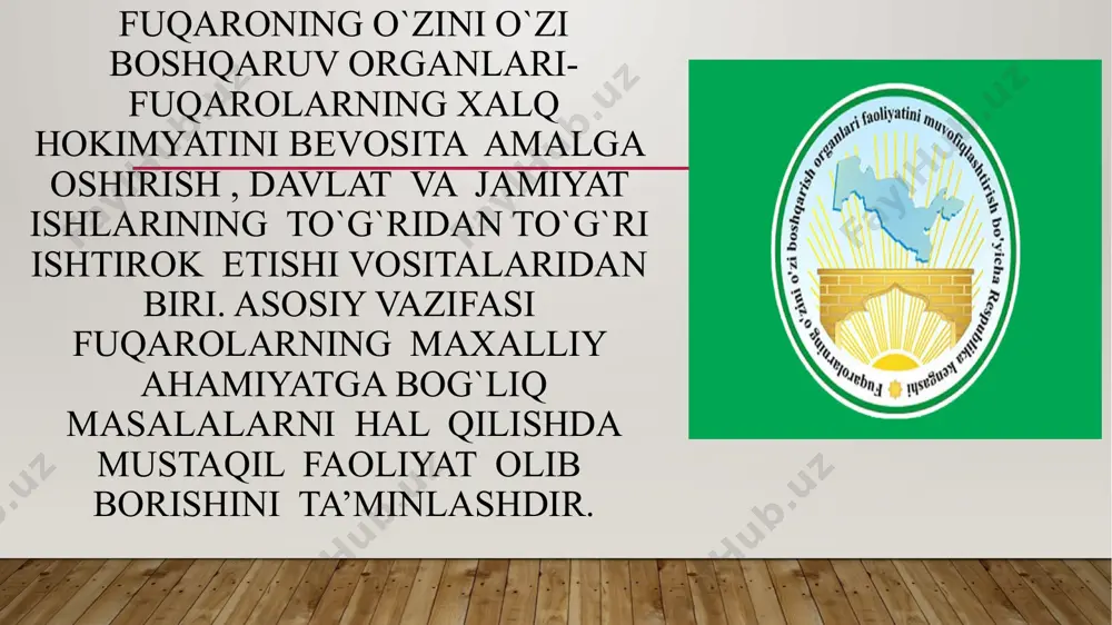 miy, teng va to`g`ridan-to`g`ri saylov huquqi asosida yashirin yoki ochiq ovoz berish yo`li bilan amalga oshiriladi. “fuqarolar yig`ini raisi (oqsaqoli) va maslahatchilari saylovi to`g`risida” qonun qabul qilingan.(2004-yilda) fuqarolar yig`ini- fuqarolar o`zini o`zi boshqarishining yuqori organi bo`lib, aholi manfaatini ifodalash va uning nomidan tegishli hududda amal qiluvchi qarorlar qabul qilish huquqiga ega. fuqarolar yig`inida 18 yoshga to`lgan hamda shaxarcha, qishloq, ovul va maxilla hududida doimiy yashayotgan shaxslar qatnashadi. “fuqarolarning o`zini- o`zi boshqarish organlari to`g`risida”gi yangi tahrirdagi qonunda shaharcha, qishloq, ovul fuqarolar yig`ini va shahardagi mahalla fuqarolar yig`ini vakolatlari ko`rsatilgan.fuqarolar yig’inining qarorlari bajarish va fuqarolar o`zini –o`zi boshqarish organlarining fuqarolar yig`nlari oraliq davridagi joriy faoliyatini amalga oshirish uchun fuqorolar yig`ining raisi (oqsoqoli), uning maslahatchilari, fuqarolar yig`ini faoliyatining asosiy yo`nalishlari bo`yicha komissiyalarning raislari va yig`inning mas’ul kotibdan iborat tarkibida fuqarolar yig`inining kengashi tuziladi. fuqarolar o`z o`zini boshqarish organining faoliyatini muofiqlashtirish maqsadida respublika oqsoqollar kengashi, shuningdek, fuqarolarning o`zini o`zi boshqarish ishlari bo`yicha viloyat, tuman, …