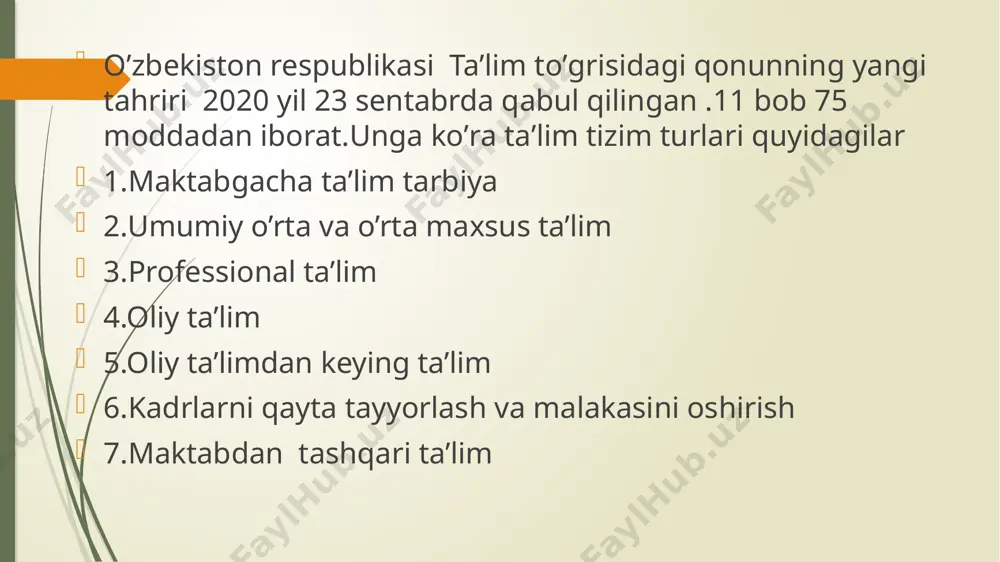 miqyosidagi zamonaviy yutuqlarni hisobga olgan holda kasb-hunar ta’limi dasturlarini tubdan o’zgartarish; -majburiy umumiy o’rta ta’limdan o’rta maxsus, kasb-hunar ta’limiga o’tishni ta’minlash; -maxsus, kasb-hunar ta’limining markazlari sifatida fan va ishlab chiqarish integratsiyalashgan yangi tipdagi o’quv muassasalarini vujudga keltirish; -ilg’or texnologiyalarni keng o’zlashtirish, iqtisodiyotdagi tarkibiy o’zgarishlar, chet el investitsiyalari ko’lamlarining kengayishi, tadbirkorlik, kichik va xususiy biznesni rivojlantirish bilan bog’liq ya’ni kasb-hunar va mutaxassisliklar bo’yicha kadrlar, shu jumladan boshqaruv tizimi kadrlarini tayyorlash, qayta tayyorlash va ularning malakasini oshirish; -milliy mustaqillik prinsiplari va xalqning boy intellektual merosi va umumbashariy qadriyatlarining ustuvorligi asosida ta’limning barcha darajalari va bo’g’inlarida ta’lim oluvchilarning ma’naviy va ahloqiy fazilatlarini rivojlantirish; -ta’limni boshqarish tizimini takomillashtirish, jamoat boshqaruvi shakllarini rivojlantirish, ta’lim muassasalarini mintaqalashtirish. -ta’lim olishda, shuningdek bolalar va yoshlarni ma’naviy - ahloqiy intellektual va jismoniy jihatdan tarbiyalashda oila, ota-onalar, jamoat tashkilotlari, maxallalar, hayriya va xalqaro fondlarining rolini kuchaytirish yuzasidan chora-tadbirlar ishlab chiqish hamda ularni amalga oshirish; -ta’lim jarayoni va kadrlar tayyorlash sifatiga …