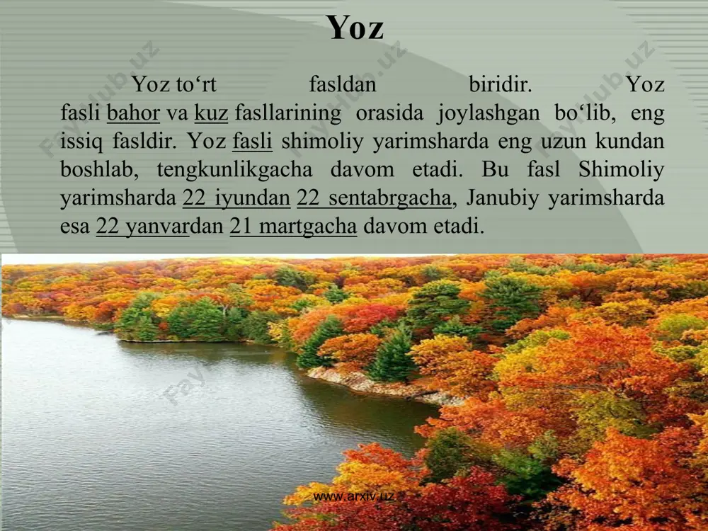boshlaydi. www.arxiv.uz www.arxiv.uz qish qish toʻrt fasldan biri boʻlib, kuz va bahor fasllarining orasida joylashgan eng sovuq fasldir. qish fasli 3 oydan iboratdir. shimoliy yarimsharda: dekabr, yanvar va fevraldan, janubiy yarimsharda esa: iyun, iyul va avgustdan. bu faslda iqlim darajasi minusga qarab tusha boshlaydi. shu sababli sovuq yogʻingarchiliklar orta boshlaydi. www.arxiv.uz www.arxiv.uz qish — yil fasllaridan biri. moʻʼtadil mintaqalarda (shu jumladan, oʻzbekistonda) dekabr, yanvar va fevral oylarini oʻz ichiga oladi. q. faslining astronomik davomiyligi urtacha 89,0 sutkadan iborat. q.ning boshlanishi deb quyoshning qishki turish nuqtasidan oʻtishi kunlari (21 — 22 dekabr) qabul qilingan. oʻzbekistonda q. fasli xiyla sovuq keladi. eng sovuq oy — yanvarning oʻrtacha t-rasi tekisliklarda (ustyurt. churuk st-yasi) — 10°, jan. sharqda (temir, sherobod) 2—3°, mutlaq past t-ra jan.da —25°, —30° va shim. gʻarbda —35°, —38". lekin tekisliklarla q.da ham 15—20°, togʻlarda 5—10° gacha iliq kunlar boʻlib turadi (q. yil fasllari). www.arxiv.uz www.arxiv.uz www.arxiv.uz www.arxiv.uz bahor bahor fasli, …