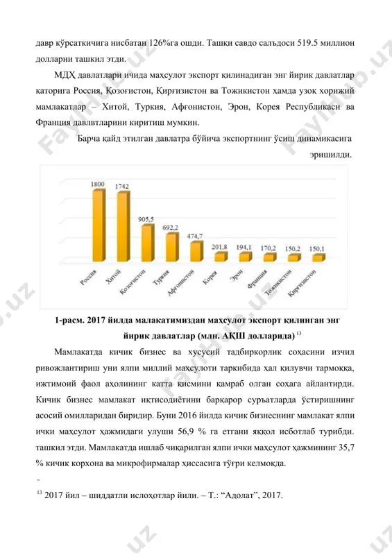 ва рағбатлантириш, уларнинг фаолияти учун қулай муҳит яратиш борасида амалга оширилаётган тадбирлар 2017 йилнинг январ–декабрида 38,2 мингдан ортиқ кичик бизнес субъектлари ташкил этилди. бу ўтган йилнинг шу даврига нисбатан 122 % га кўпдир. энг кўп кичик бизнес субъектлари саноат тармоғида жами ташкил этилган субъектларнинг 27 %, савдо соҳасида 21 %, қишлоқ, ўрмон ва балиқчилик хўжалигида 13 % ва қурилишда 10 % ташкил этилган[footnoteref:1]. [1: ўзбекистон республикасининг статистик ахборотномаси. ўзбекистон республикаси давлат статистика қўмитаси. тошкент 2018 ] 2018 йил 1 январ ҳолатига республикамизда фаолият кўрсатаётган кичик бизнес субъектлари сони (деҳқон ва фермер хўжаликларидан ташқари) 229666 тани ташкил этди. жорий йилда ўртача ҳар 1000 нафар аҳолиги тўғри келадиган кичик бизнес субъектлари сони 12,2 бирликни ташкил этади ёки ўтган йилга нисбатан 107,0 % га тенг. ҳудудлар бўйича энг юқори кўрсаткич тошкент шаҳри, сирдарё, жиззах ва тошкент вилоятларига тўғри келади. 2017 йилнинг январ-декабрида кичик бизнес ва хусусий тадбиркорликнинг яимдаги улуши 53,3 % ни ташкил …