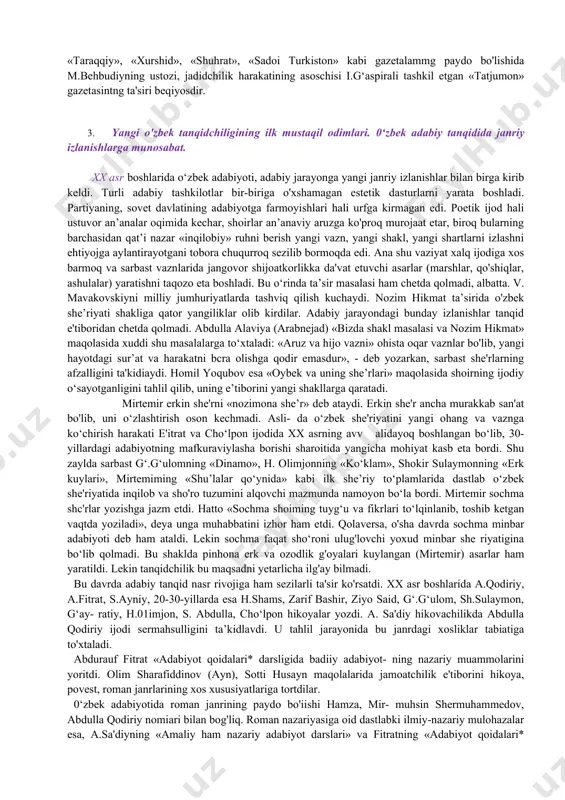 lkam bir asr davomidagi o‘zbek tanqidchiligida kechgan o‘zgarishlar, yangilanishlar, ayrim tanazzul va boshqa holatlarni ilg‘ash, anglash hamda ularning sabablarini aniqlash ko'rinmay qoladi. jarayondagi murakkabliklarning deyarli bir tekislikka tushib qolishi ushbu davrlashtirishning eng kemtik nuqtalaridan biridir. mustaqillik davrida yaratilgan o‘quv qo'llanmalarida ham davrlashtirish masalasiga e’tibor qaratilgan. b.rahmonov xx asr o‘zbek adabiy tanqidchiligining taraqqiyotini uchga, ya'ni «jadidchilik davri», «sho‘ro davri» va undan keyingi yillar singari katta bosqichlarga bo'ladi[footnoteref:4]. [4: rahmonov b. o’zbek adabiy tanqidchdigi. — t.: yangi asr avlodi. 2004 40] bu davrlashtirishni munaqqid s. sodiq tanqid qiladi. sho'ro davri tanqidchiligi tarixini 20-yillar, 30-yillar, urush davri, undan so'nggi davr, 1956- hamda 1972-yildan keyingi bosqichlar tarzida kichik-kichik etaplariga taqsimlaganini to‘g‘ri emas deb hisoblaydi. bu davrlashtirilishda muallif, asosan, bitta prinsipga, ya’ni jamiyat rivoji xususiyatlarini ko‘proq inobatga olish tamoyiliga amal qilgan deb qaraydi. s. sodiq davrlashtirish masalasida o'zining ushbu taklifini o'rtaga tashlaydi: 1. o‘zbek adabiy tanqidchiligining shakllanish davri (1914-1932) 2. tahlil ko'lamining kengayishi bosqichi (1932 …