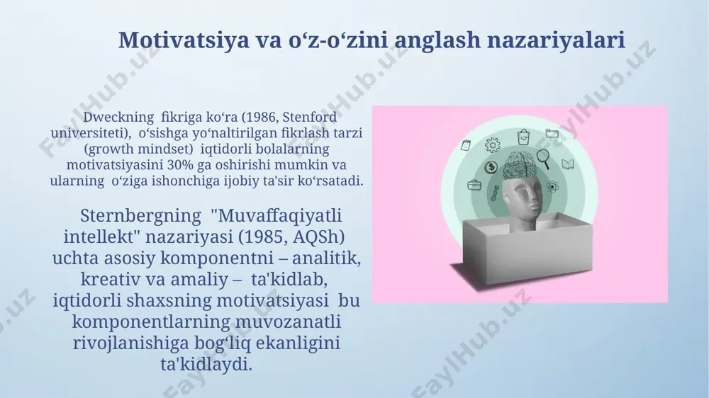 iliyatlarini aniqlashga yordam beradi va o'quv dasturlarini shaxsiylashtirish, individual yondashuvni qo'llash orqali ta'lim samaradorligini oshirishga xizmat qiladi. ijodkorlik nazariyalari torrensning ijodkorlik testi (1960-yillar, aqsh) ijodiy fikrlashni baholash uchun mo'ljallangan bo'lib, shu jumladan 60 ta vazifani o'z ichiga oladi va dunyoning turli mamlakatlarida qo'llaniladi. sternbergning uch tomonlama aql nazariyasi (1985) komponentli, tajribali va kontekstual aqlni o'z ichiga olib, 3 ta asosiy omilni ta'kidlaydi va butun dunyo bo'ylab keng qo'llaniladi. neyropsixologik nazariyalar neyropsixologik nazariyalar miya tuzilishi va funksiyalarini, masalan, parietal loblarning hajmini (taxminan 10% kattaroq) va ma'lum miya hududlaridagi neyronlarning bog'lanishining samaradorligini o'rganish orqali bolalarning yuqori intellektual qobiliyatlarini tushuntirishga harakat qiladi. 1990-yillardan boshlab, aqsh va yevropadagi tadqiqotlar neyropsixologik farqlarning, xususan, miya korteksining qalinligi va o'zgarishlar tezligining, intellektual qobiliyatlar bilan bog'liqligini ko'rsatdi. genetik nazariyalar genetik tadqiqotlar shuni ko'rsatdiki, 50% gacha bo'lgan aqlning rivojlanishini genetik omillar belgilaydi, bu esa aqsh va buyuk britaniya olimlarining tadqiqotlarida aniqlangan. 200 dan ortiq genlarning aql-idrokka ta'siri bo'yicha tadqiqotlar …
