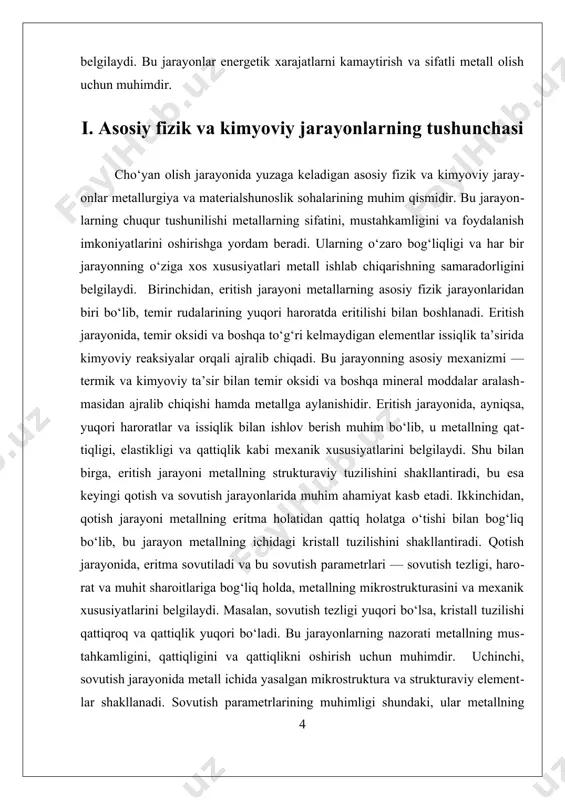 aytganda, cho‘yan olish jarayonida yuzaga keladigan fizik va kimyoviy jarayonlarning har biri metallurgiya jarayonining asosi bo‘lib, ularning chuqur tushunilishi sifatli va arzon metall ishlab chiqarish uchun zarur. bu jarayonlarning har biri o‘zining murakkab mexanizmi va nazorat usullari bilan ajralib turadi va ulardagi izlanishlar metall va materiallar texnologiyasining rivojlanishiga turtki bo‘lmoqda. ii. eritish, qotish va sovutish jarayonlarining amaliy ahamiyati eritish, qotish va sovutish jarayonlari cho‘yan olishning asosiy fizik va kimyoviy jarayonlari bo‘lib, ular metallurgiya sohasida metallarning sifatini va mexanik xususiyatlarini belgilashda muhim ahamiyat kasb etadi. bu jarayonlar metallarning strukturaviy tuzilishi, kimyoviy tarkibi va mexanik xususiyatlarini nazorat qilish imkonini beradi. har bir jarayonning o‘ziga xos mexanizmi va amaliy ahamiyati mavjud bo‘lib, ular metallurgiya ishlab chiqarishining samaradorligini oshirishga xizmat qiladi. eritish jarayoni cho‘yan ishlab chiqarishda boshlang‘ich bosqich hisoblanadi. bu jarayonda temir rudasi yuqori haroratda qizdirilib, oksidlar va boshqa aralashmalar ajralib chiqadi. eritish jarayonining asosiy maqsadi - tozalanmagan temir rudalaridan foydalanib, metall tarkibini ajratish …