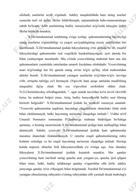 do'stmuhammad yaratgan asarlarning barchasi uning ongidayetilgan ijod mahsuli va bu esa asarlardagi personajlarning o'quvchilarga yanada yaqinligini ta'minlaydi. sababi inson ko'ngliga yo'l topishda ruhiyat birinchi vosita sanaladi. xurshid do'stmuhammad esa aynan ruhiyat masalasini asarlaridagi birinchi galdagi vazifa deb biladi. va bunda esa yozuvchining mahorati yaqqol ko'zga tashlanadi. demak, yozuvchi ramzlardan qahramonlar psixologiyasini yoritib berishda unumli foydalangan. kurs ishining maqsad va vazifalari: xurshid do‘stmuhammad hayoti va o‘zbek adabiyotida tutgan o’rni. adib ijodida shakliy-uslubiy izlanishlarni umumlashtirish va qisqacha tavsiflash. xurshid do‘stmuhammad qissalar poetikasi va hikoyalarida inson taqdiri talqinini o’rganish va tahlil qilish. kurs ishi ob’yekti va predmeti: xurshid do‘stmuhammad hayoti va o‘zbek adabiyotida tutgan o’rni. xurshid do‘stmuhammad qissalar poetikasi va hikoyalari badiiyati kurs ishning tadqiqot uslubi va uslubiyoti: ilmiy ommabop manbalardan to’plangan ma’lumotlar tahlil qilib,xulosa va takliflar qilish. kurs ishi tuzilishi: bajarilgan kurs ishi kirish qismi, uchta bob va qilingan xulosalardan iborat. ishda o’rganilishi e’tiborga olingan ma’lumotlar tushunarli ravishda ifodalash uchun chizma jadvallar …