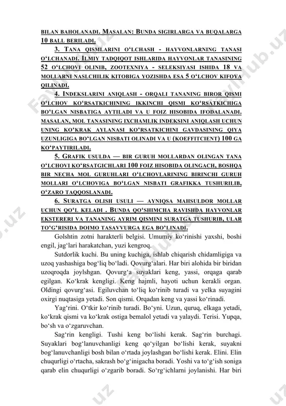 qismi o‘lchov ko‘rsatkichining ikkinchi qismi ko‘rsatkichiga bo‘lgan nisbatiga aytiladi va u foiz hisobida ifodalanadi. masalan, mol tanasining ixchamlik indeksini aniqlash uchun uning ko‘krak aylanasi ko‘rsatkichini gavdasining qiya uzunligiga bo‘lgan nisbati olinadi va u (koeffitcient) 100 ga ko‘paytiriladi. 5. grafik usulda — bir guruh mollardan olingan tana o‘lchovi ko‘rsatgichlari 100 foiz hisobida olingach, boshqa bir necha mol guruhlari o‘lchovlarining birinchi guruh mollari o‘lchoviga bo‘lgan nisbati grafikka tushurilib, o‘zaro taqqoslanadi. 6. suratga olish usuli — ayniqsa mahsuldor mollar uchun qo‘l keladi . bunda qo‘shimcha ravishda hayvonlar ekstereri va tananing ayrim qismini suratga tushurib, ular to‘g‘risida doimo tasavvurga ega bo‘linadi. golshtin zotni harakterli belgisi. umumiy ko‘rinishi yaxshi, boshi engil, jag‘lari harakatchan, yuzi kengroq. sutdorlik kuchi. bu uning kuchiga, ishlab chiqarish chidamligiga va uzoq yashashiga bog‘liq bo‘ladi. qovurg‘alari. har biri alohida bir biridan uzoqroqda joylshgan. qovurg‘a suyaklari keng, yassi, orqaga qarab egilgan. ko‘krak kengligi. keng hajmli, hayoti uchun kerakli organ. oldingi qovurg‘asi. egiluvchan to‘liq …