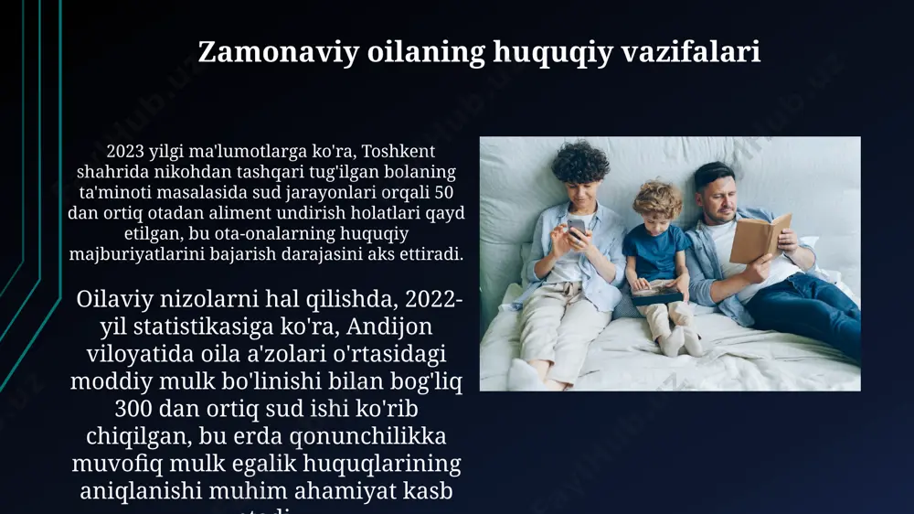 zamonaviy oilaning reproduktiv vazifalari qo'shma shtatlarda in vitro urug'lantirish (ivf) orqali tug'ilish soni yiliga 80 mingdan oshadi, bu reproduktiv texnologiyalar rivojining dalilidir. zamonaviy o'zbekiston oilalarida tug'ilish darajasi 2022-yilda 1000 kishiga 19,5 ni tashkil etdi, bu reproduktiv salohiyatning pasayishini ko'rsatadi. zamonaviy oilaning oila a'zolarining o'zaro munosabatlarini tartibga solish vazifalari kamida 2 farzandi bo'lgan oilalarning 70% da, samarqand viloyati misolida o'rganish natijalariga ko'ra, bolalar tarbiyasi mas'uliyatini teng taqsimlashga harakat qilish kuzatiladi, bu esa gender tengsizligini kamaytirishga xizmat qiladi. oilaviy nizolarni hal qilishda, 2023-yilgi statistikaga ko'ra, o'zbekistonda professional psixologlar va mediatorlar yordamiga murojaat qilish darajasi 15% ga oshgan, bu esa oilaviy munosabatlarni tartibga solishga yangicha yondashuvni aks ettiradi. zamonaviy oilaning himoya vazifalari o'zbekistonning qishloq joylarida, 2022-yilgi tadqiqotlarga asosan, oilalarning 35% dan ortig'i ijtimoiy muammolarga qarshi turishda qo'shni va qarindoshlar yordamiga tayanadi, bu esa oilaviy himoyaning an'anaviy usullarini aks ettiradi. toshkent shahridagi oilaviy psixologlarning 2021-yilgi kuzatuvlariga ko'ra, oilalarning 40% stress va ruhiy zo'riqishdan himoyalanish …