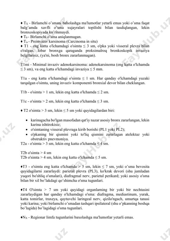 a traxeyaning bosh bronxlarga bo'linish joylarida; paratraxeal limfa tugunlari traxeyaning yon devorlari bo'ylab joylashgan bo'lib, paraezofagial limfa tugunlari bilan yaqin aloqada bo'ladi va o’s metastazlari qizilo'ngach saratonidagi kabi disfagiya klinikasini keltirib chiqarishi mumkin. buni differentsial diagnostika va jarayonning tarqalishini aniqlashda hisobga olish kerak, bunga kontrastli qizilo'ngachning rentgenografiyasi tekshiruv usuli aniqlik kiritadi. ba'zida, o'sma o'pkaning pastki bo’laklarida joylashganida, metastaz o'pka- diafragma bog’lamining limfa tugunlari zanjiri orqali va undan keyin esa jigarga o'tishi mumkin. ushbu limfa tugunlaridan limfa o'ng va chap ko'krak limfa yo'llariga quyiladi, ular esa mos ravishda o'ng va chap venoz burchaklarga oqib o'tadi (bo'yin va o’mrov osti venalarning qo'shilish sohasida). shuningdek, qarama-qarshi tomonga ham metastaz berishi mumkin (boshqa tomondagi mediastinal va o’mrov usti limfa tugunlariga). o'simta qon tomirlariga o'sganida gematogen metastazlanish kuzatiladi. limfa tomirlari regionar limfa tugunlarini chetlab o'tib, yuqori kovak vena tizimiga oqib o'tishi mumkin. shu bilan birga, bemorlarning 42 foizida jigar metastazlari aniqlanadi. nihoyat, o’s metastazining implantatsiya …